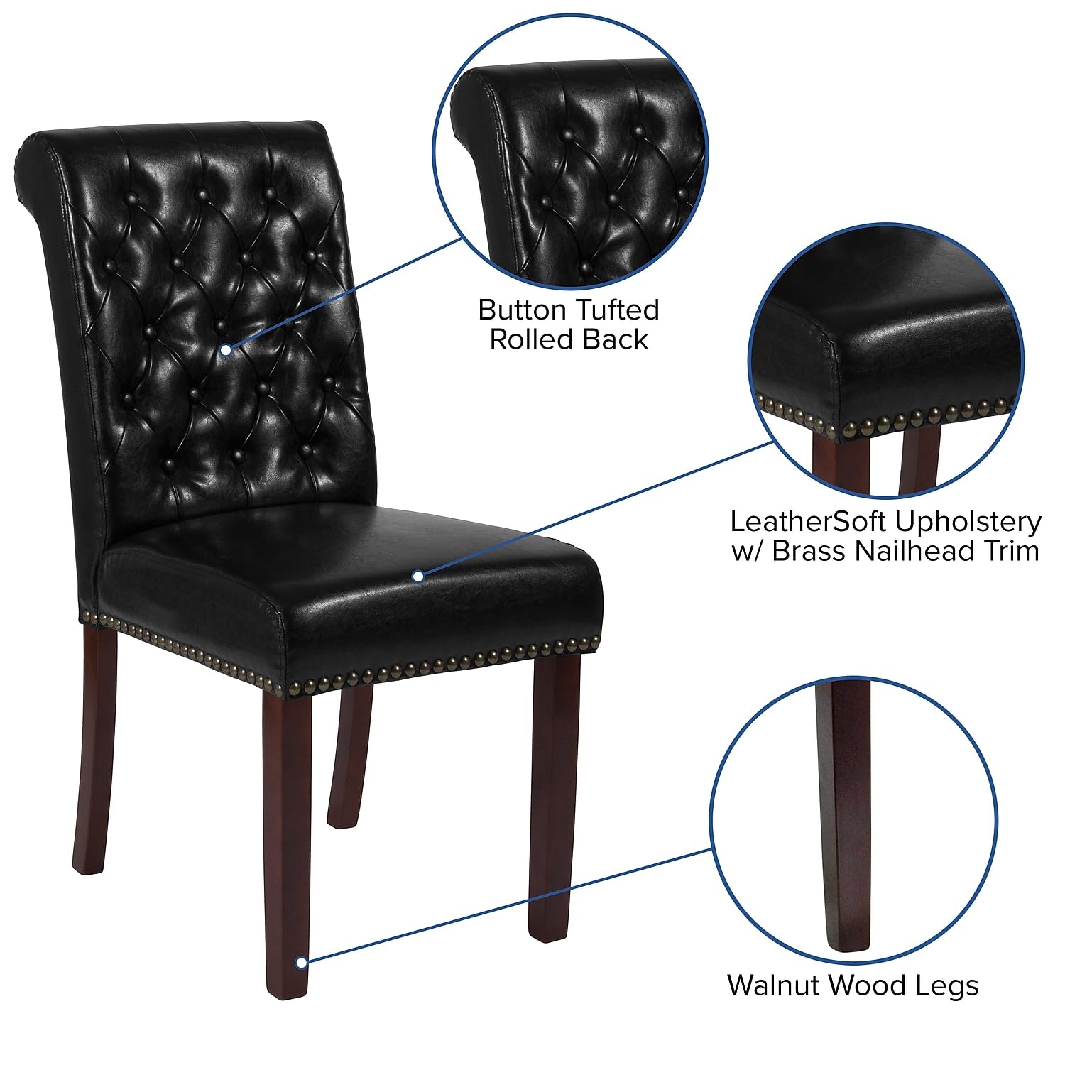 Flash Furniture Hercules Series Black Leathersoft Parsons Chair With Rolled Back, Accent Nail Trim And Walnut Finish