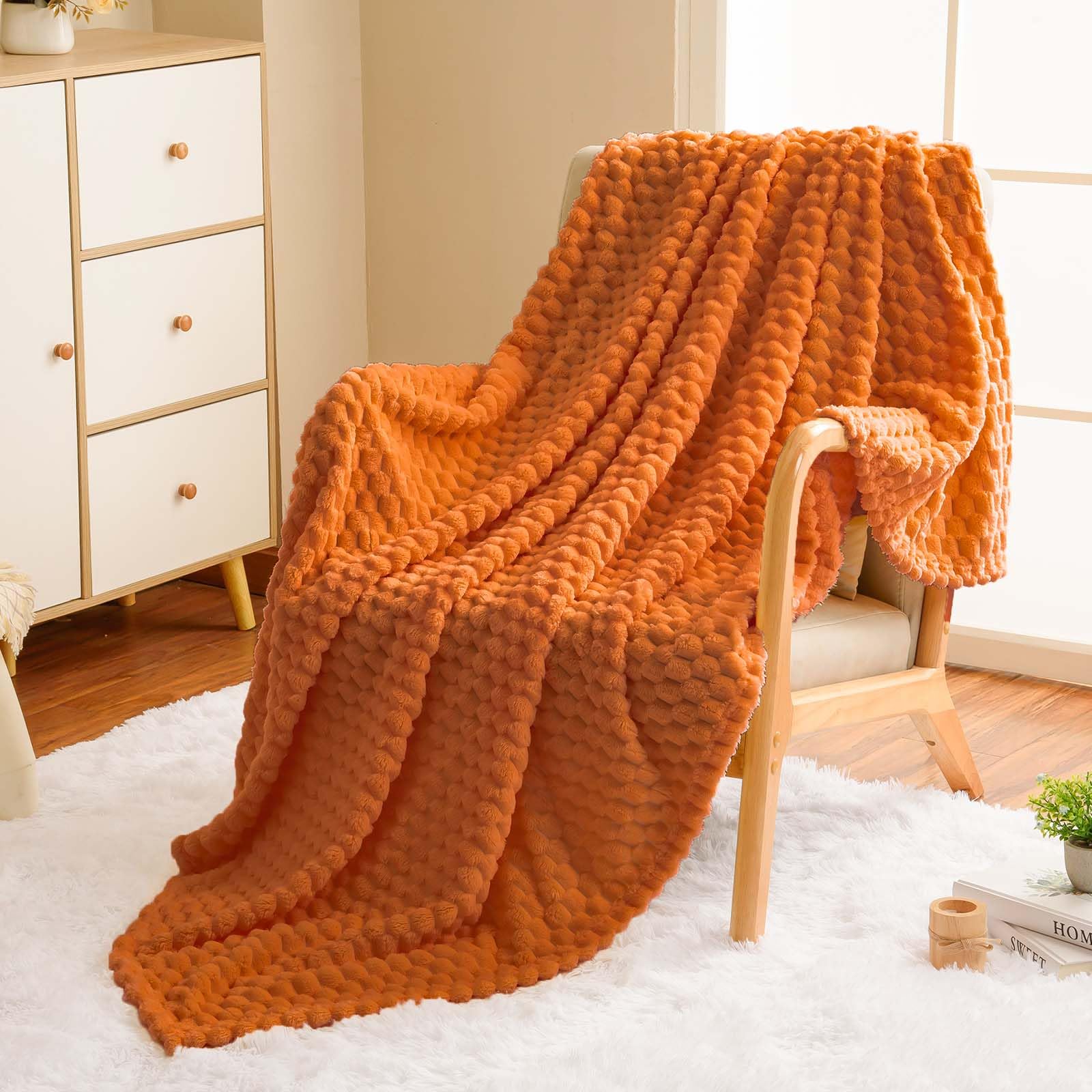 Vessia Flannel Fleece Twin Size Blanket(60X80 Inch), 3D Jacquard Burnt Orange Fuzzy And Warm Blanket For Couch,Sofa, 300Gsm Supe