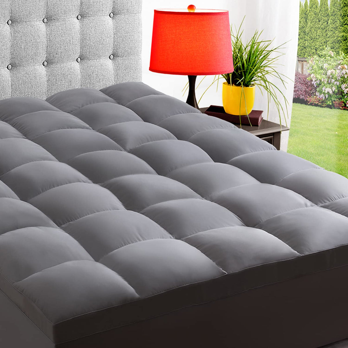 Elemuse Full Grey Cooling Mattress Topper For Back Pain, Extra Thick Mattress Pad Cover, Plush Soft Pillowtop With Elastic Deep
