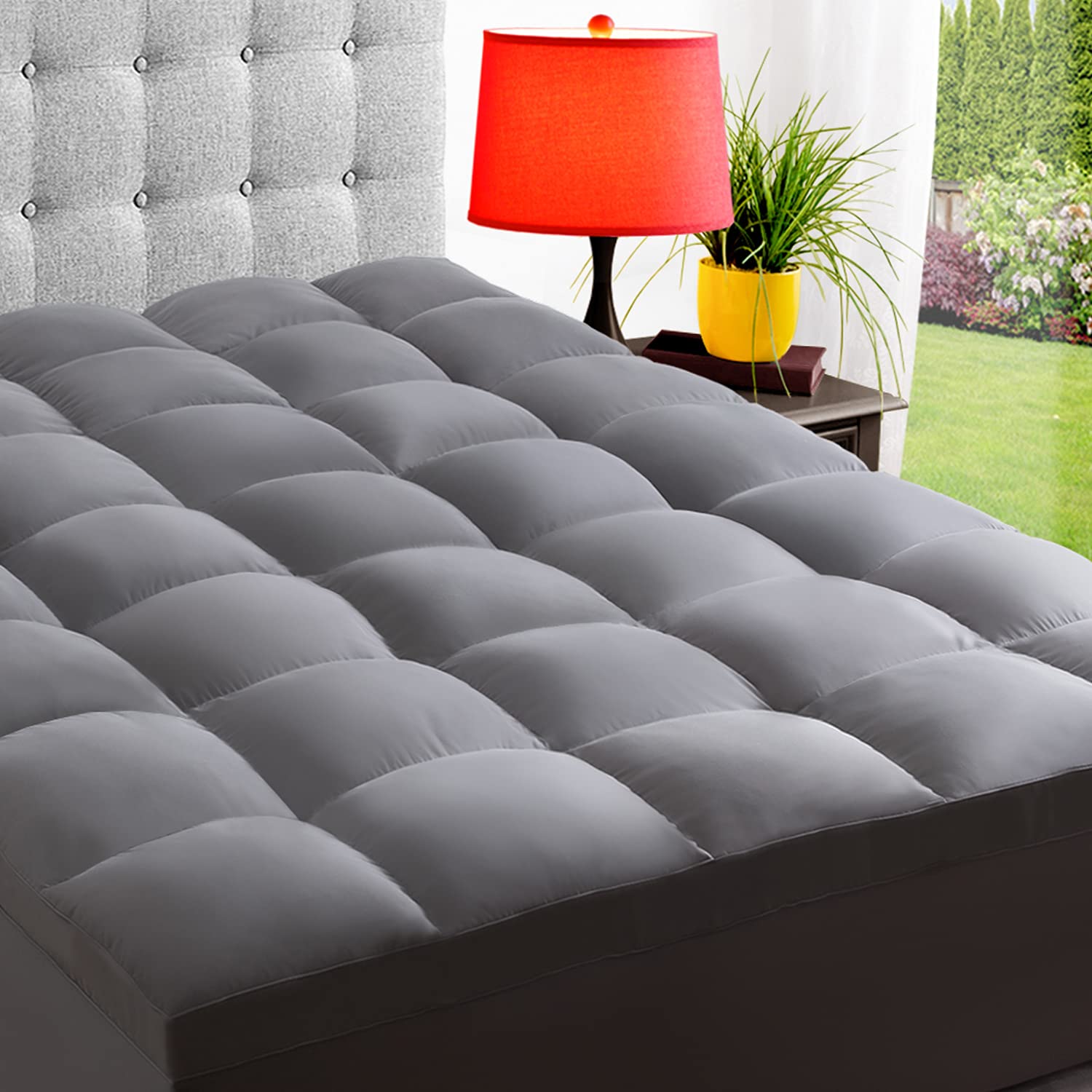Elemuse Full Grey Cooling Mattress Topper For Back Pain, Extra Thick Mattress Pad Cover, Plush Soft Pillowtop With Elastic Deep