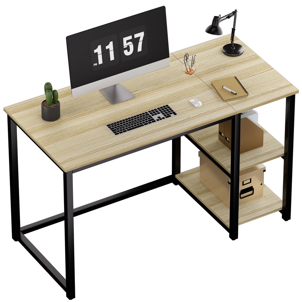 Sinpaid Computer Desk 47 Inches With 2-Tier Shelves Sturdy Home Office Desk With Large Storage Space Modern Gaming Desk Study Writing Laptop Table, Oak