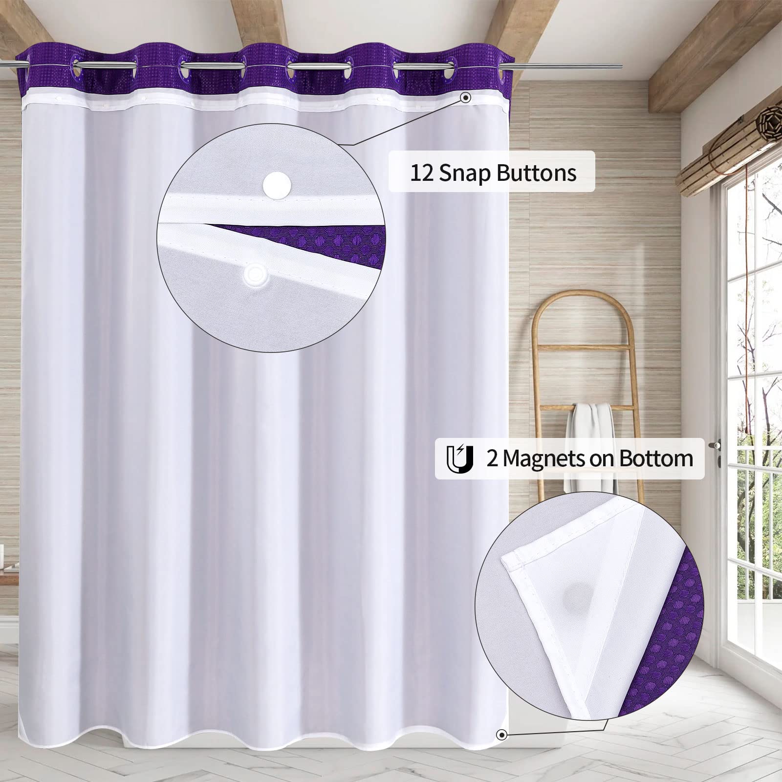 Mitovilla No Hooks Required Purple Waffle Shower Curtain Set With Snap-In Liner, Modern Heavyweight Fabric Shower Curtain For Ho