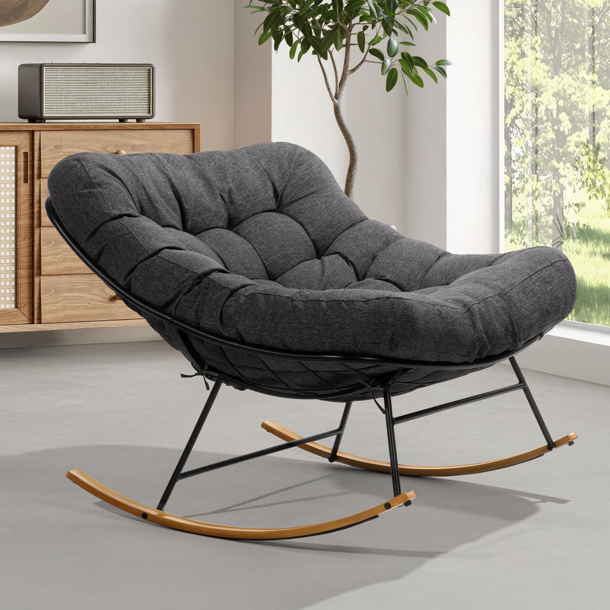 Bme Patio Rocking Chair Outdoor & Indoor, Metal Patio Lounge Rocking Chair With Thick Cushion, Comfy Modern Rocker Chair For Living Room, Porch, Backyard, Grey Cushion - Wood Texture Rocker