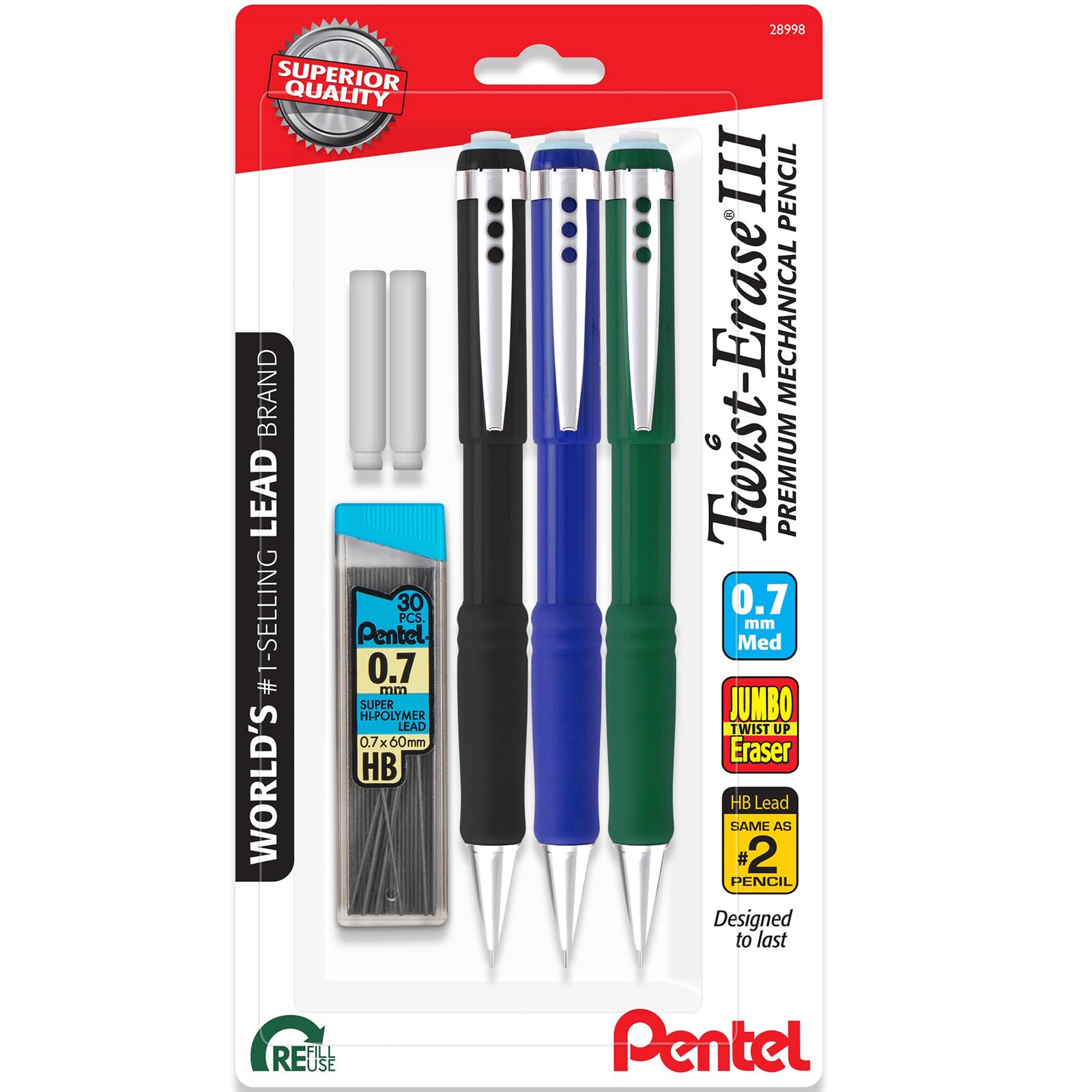Pentel Twist Erase Iii Mechanical Pencil 0.7Mm - Pre-Loaded Super Hi-Polymer Hb Lead - Assorted Color Barrels - Includes Lead &