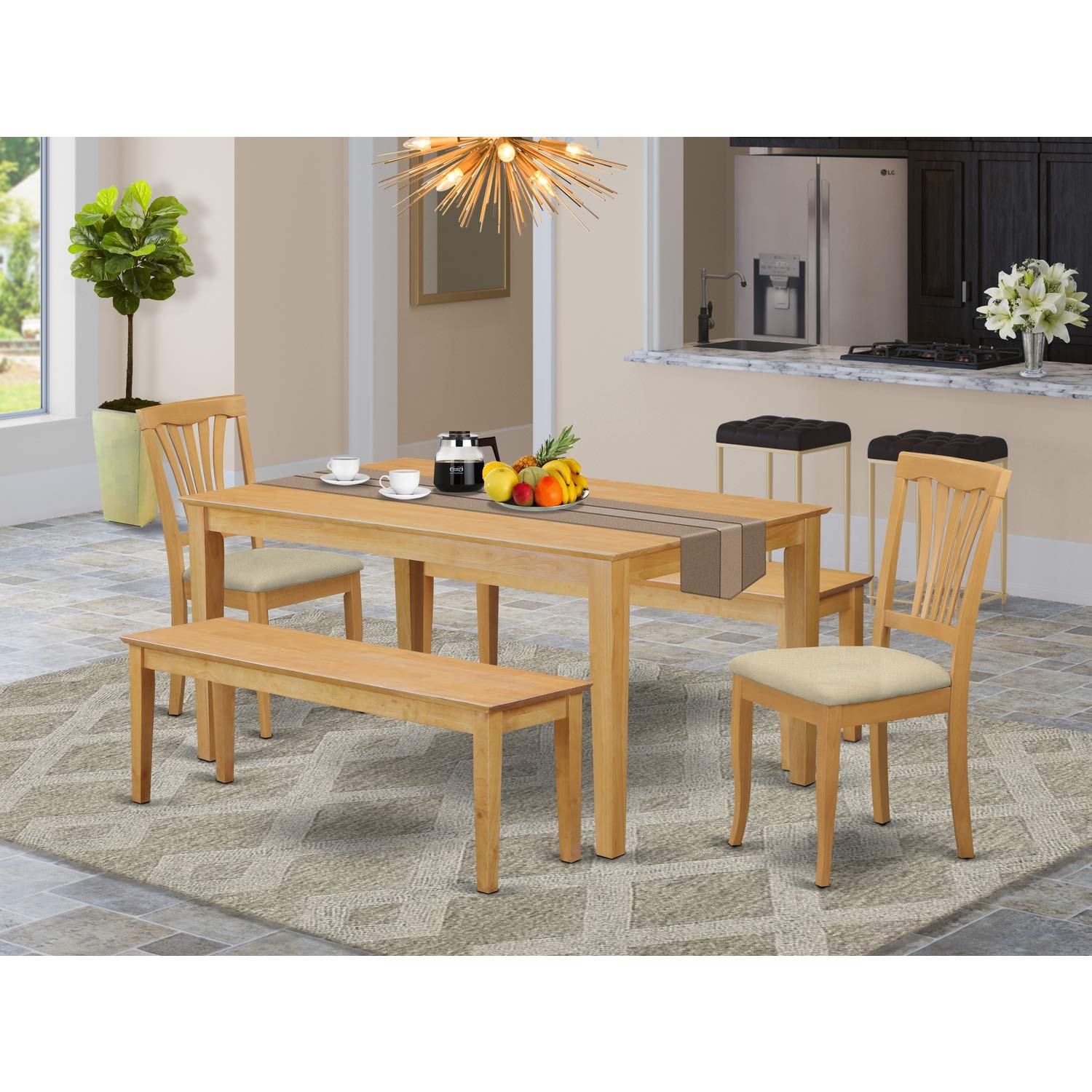 East West Furniture CAAV5C-OAK-C 5 Piece Kitchen Table & Chairs Set Includes a Rectangle Dining Room Table and 2 Linen Fabric Dining Chairs with 2 Benches, 36x60 Inch, Oak
