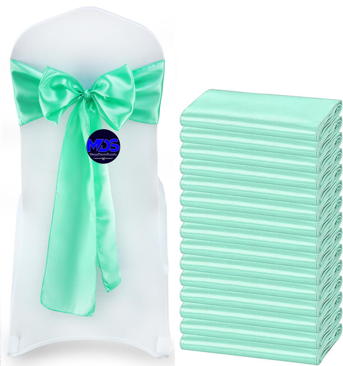 Mds Pack Of 100 Pcs Satin Chair Sashes Charmeuse Sateen Dining Chair Bows Ribbon Ties Back Sash For Wedding Party Birthday Home Hotel Restaurant Banquet Decoration (7 X 108 Inch, Mint)