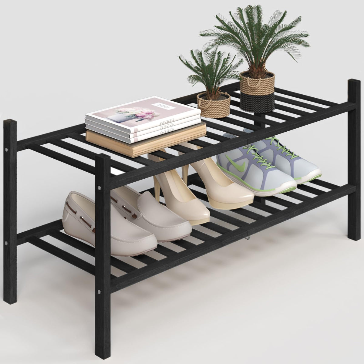 Z&L House 2-Tier Shoe Rack For Closet, Stackable Bamboo Shoe Rack For Entryway, Hallway, Bathroom, Multifunctional Utility Free Standing Shoe Shelf Black