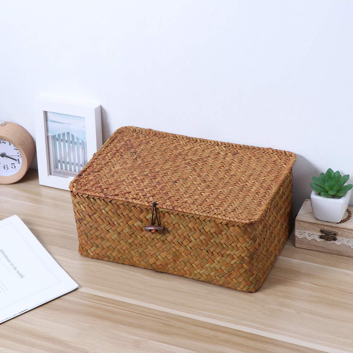 Rattan Storage Basket Makeup Organizer Multipurpose Container With Lid (L)