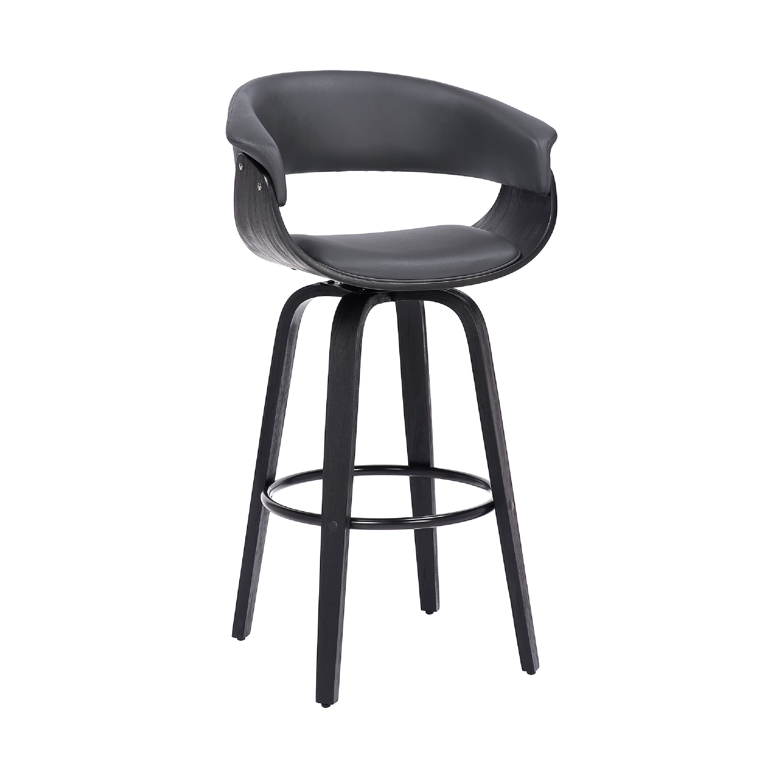 Benjara 26 Inch Swivel Faux Leather Barstool With Curved Open Back, Gray