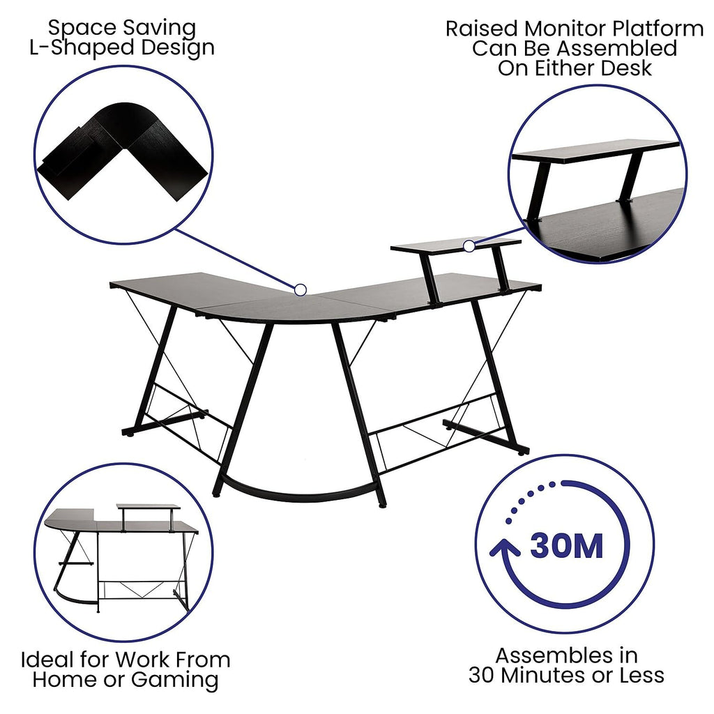 Flash Furniture Ginny Corner Desk - Black/Black Space Saving L-Shaped Gaming Desk with Monitor Shelf - 71.5" 2-Tier Computer Desk, Home Office Desk, Easy Assembly
