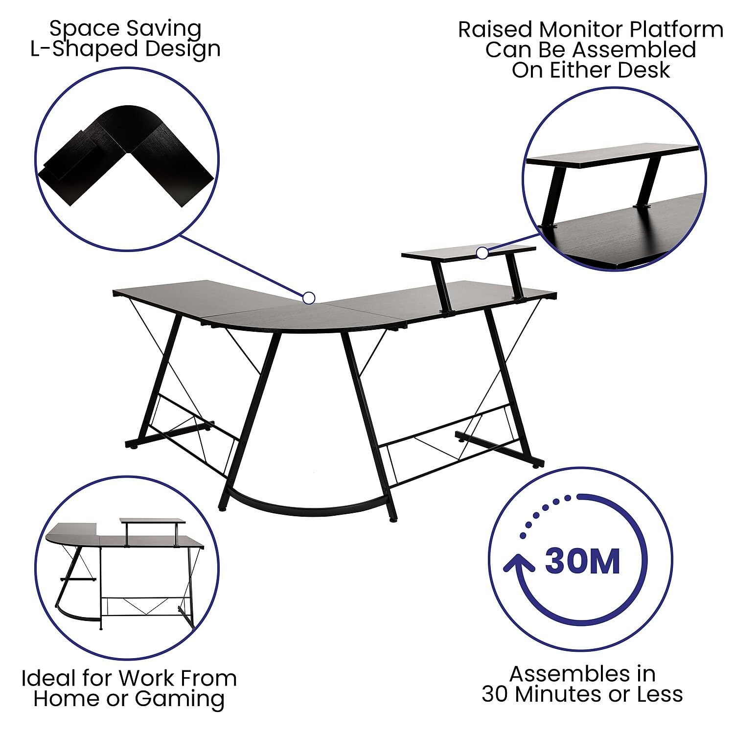 Flash Furniture Ginny Corner Desk - Black/Black Space Saving L-Shaped Gaming Desk with Monitor Shelf - 71.5" 2-Tier Computer Desk, Home Office Desk, Easy Assembly
