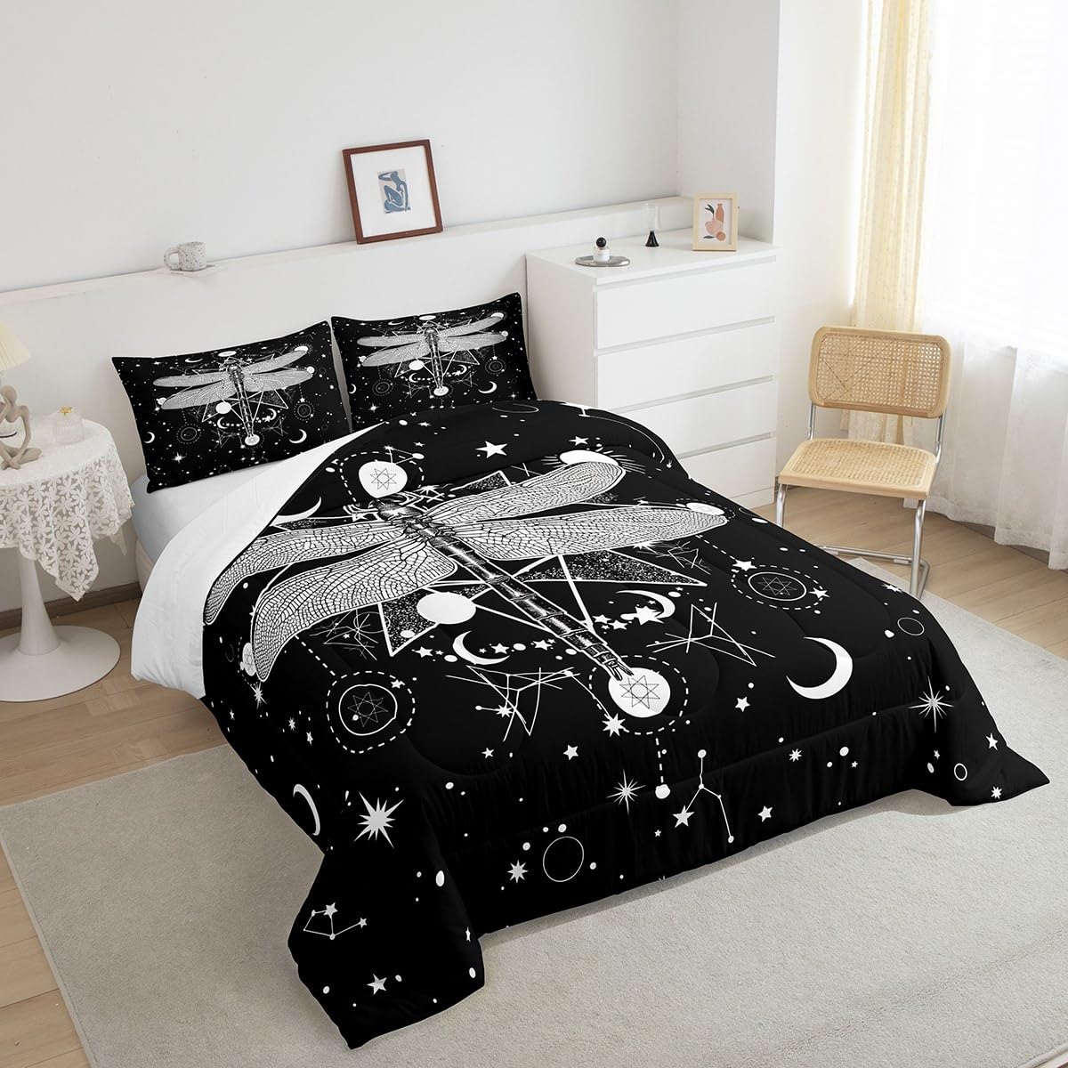 Gothic Moth Kids Comforter Set Full Size,Galaxy Sun And Moon Constellation Bohemian Style Skull Skeleton Bedding Set For Boys Gi