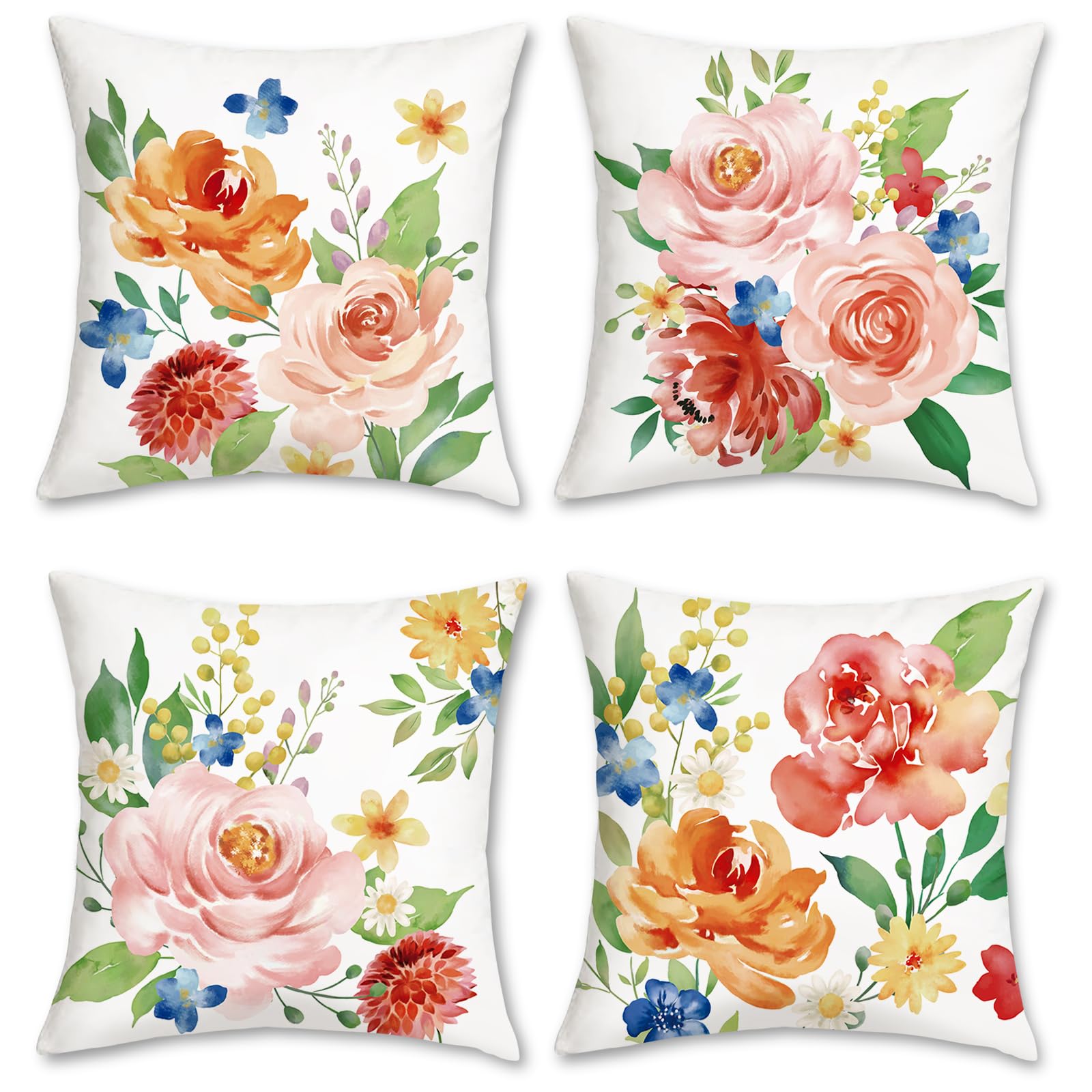 Bonhause Peony Flower Throw Pillow Covers 18 X 18 Inch Set Of 4 Watercolor Pink Floral Decorative Throw Pillow Cases Soft Velvet
