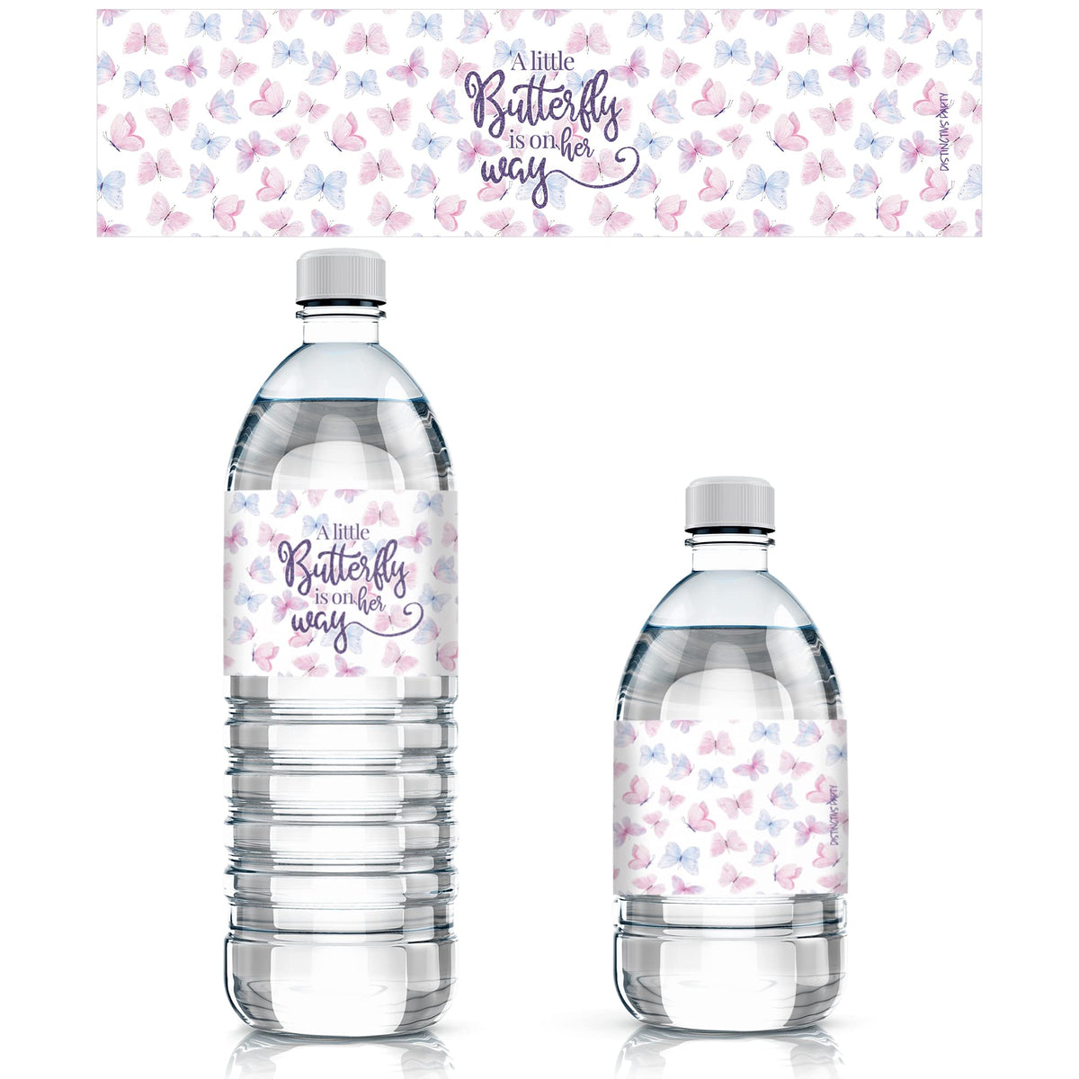Butterfly Girl Baby Shower Water Bottle Labels - A Little Butterfly is on Her Way - It's a Girl Pink and Purple Waterproof Wrapp