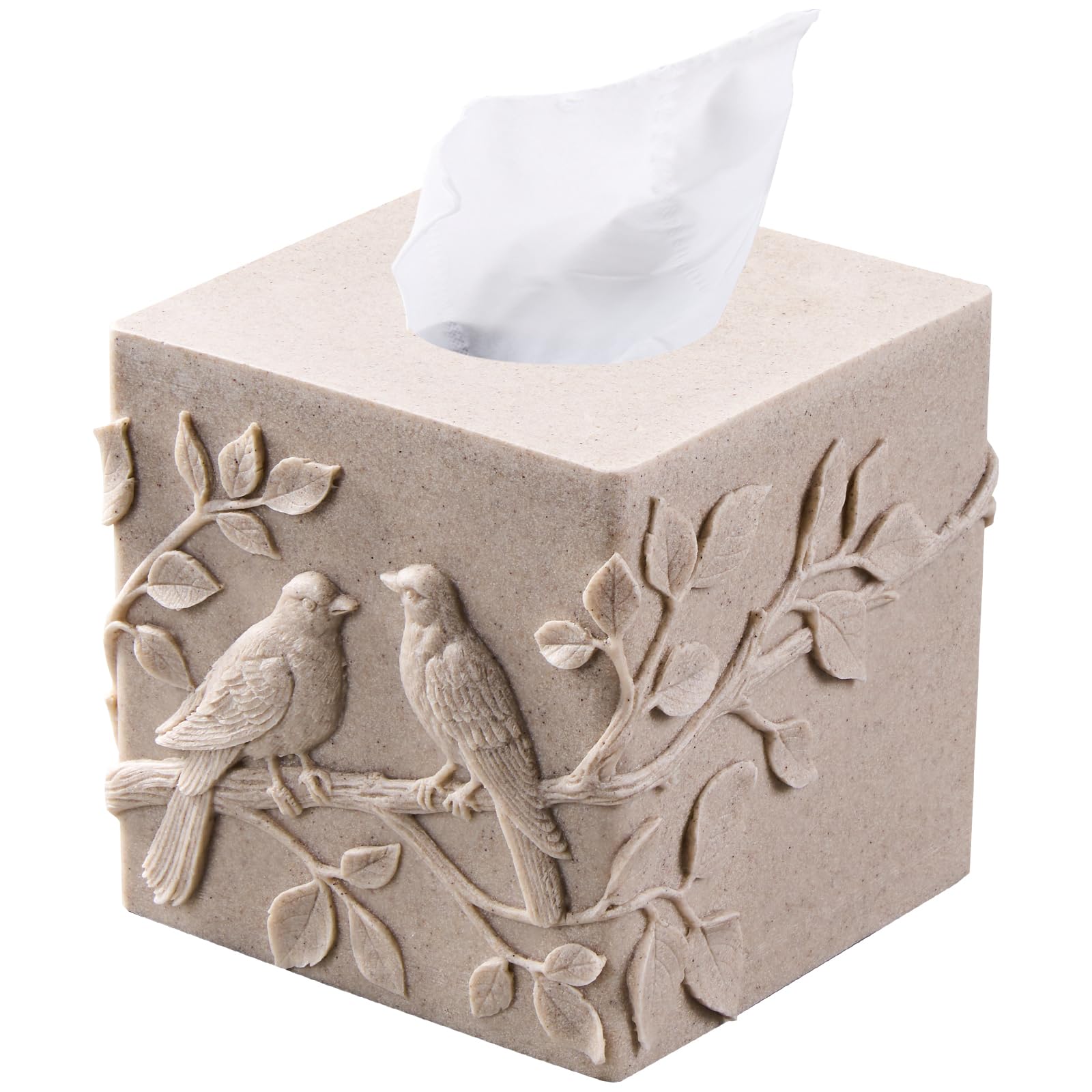 Beige Sandstone Relief Birds Square Tissue Box Cover Decorative,Resin Heavy Sturdy Tissue Box Holder, Facial Paper Holder for Ba