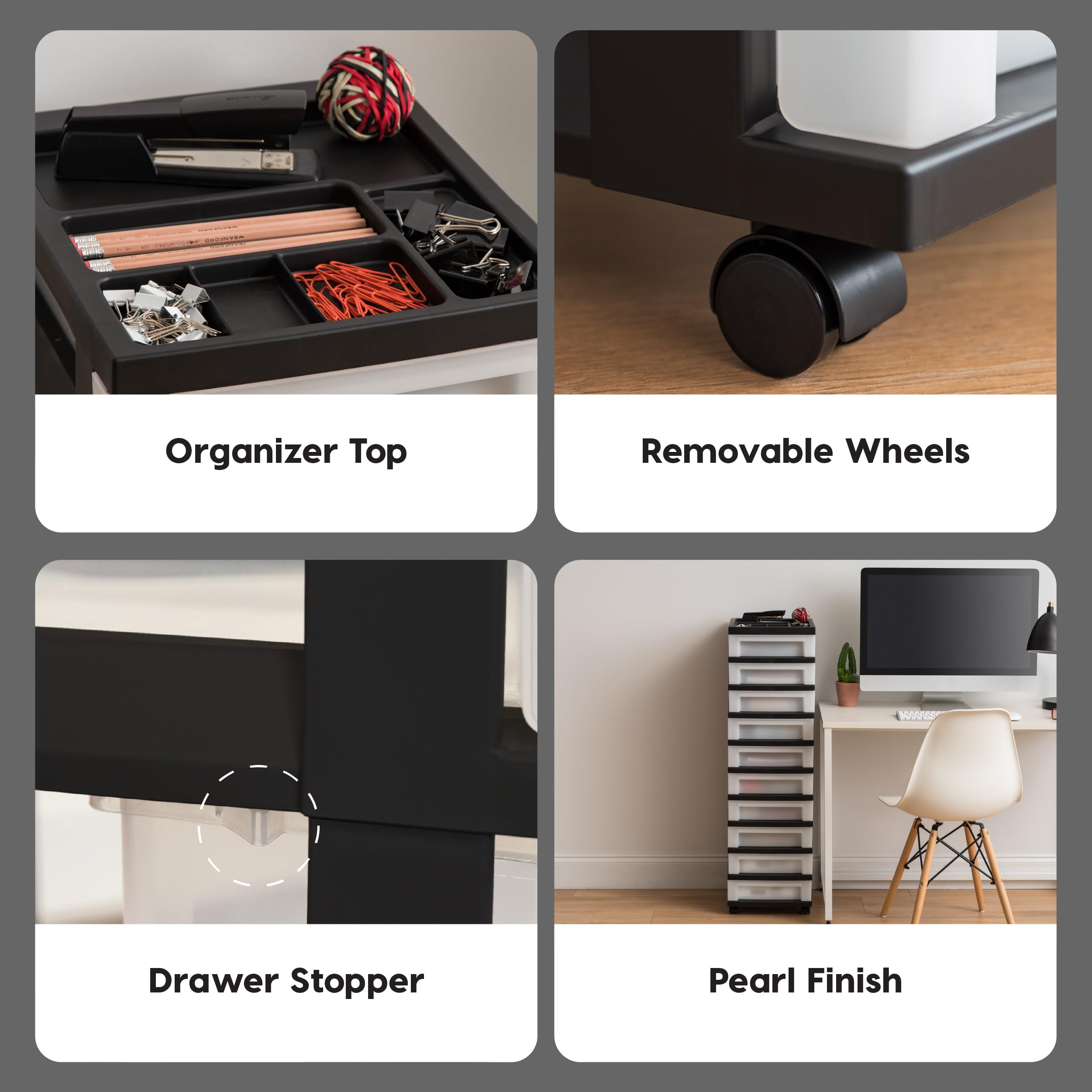 Iris Usa Plastic Drawer Storage Organizer Rolling Cart, With Wheels Casters, 10-Drawers, For Classroom Art Craft Supplies Dresser Closet Bathroom Bedroom, Top Organizer For Small Parts, Black/Pearl