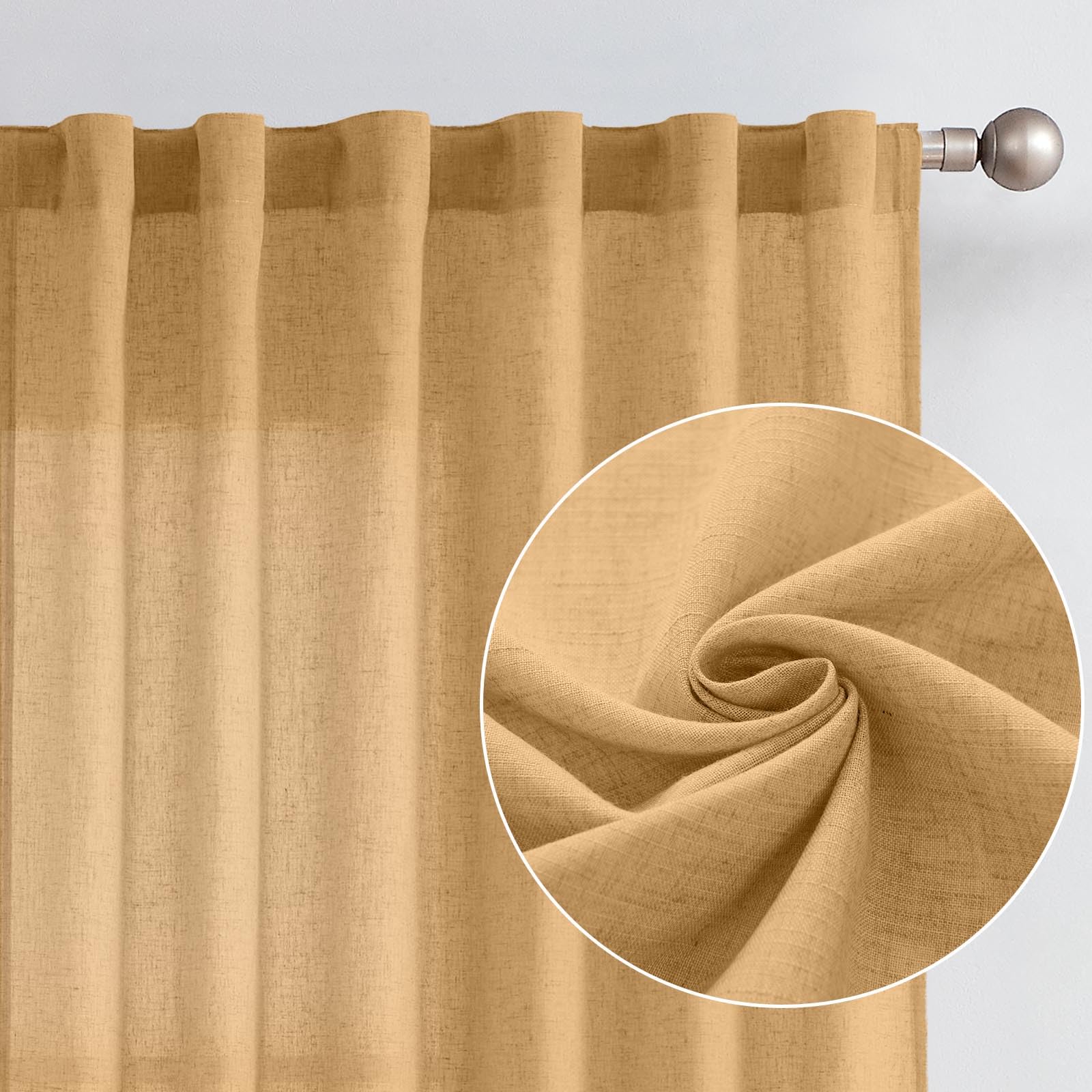 Jinchan Linen Blend Curtains 96 Inches Long For Living Room Yellow Farmhouse Rod Pocket Back Tab Light Filtering Window Drapes For Bedroom Curtains 2 Panels Mustard Yellow