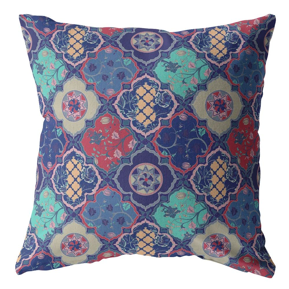 HomeRoots Navy and Red 16â€ Navy Red Trellis Suede Throw Pillow