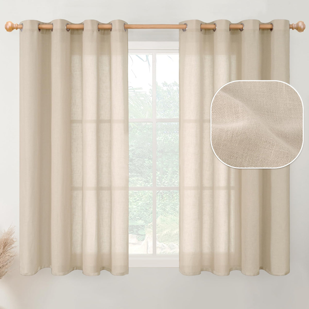 YoungsTex Short Linen Sheer Curtains 45 Inch Length for Kitchen Textured Drapes Lightweight for Bedroom Bathroom Window Light Fi