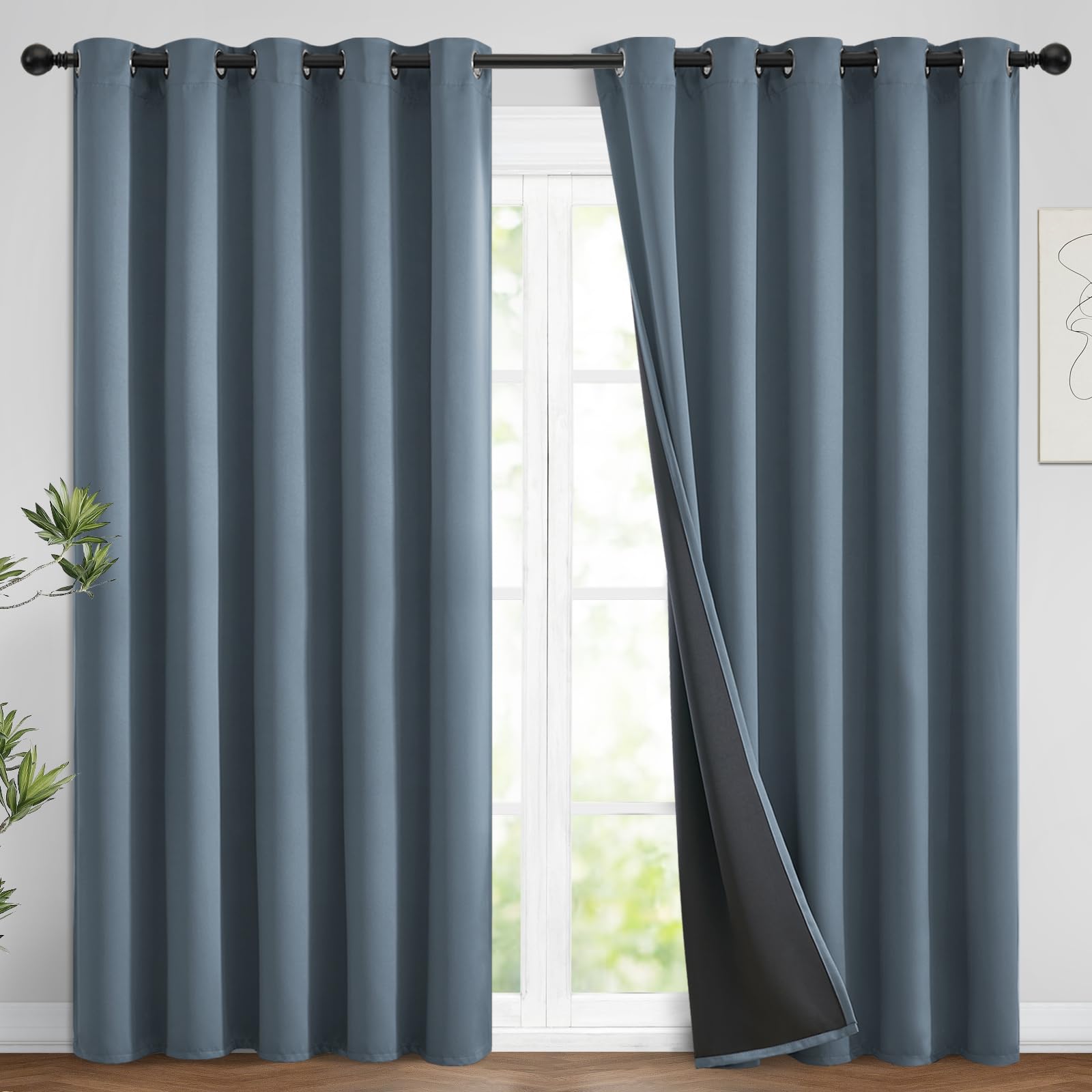 Yakamok 100% Blackout Lined Panels, Room Darkening Thermal Insulated Blackout Curtains For Bedroom, Heat Blocking Drapes For Liv