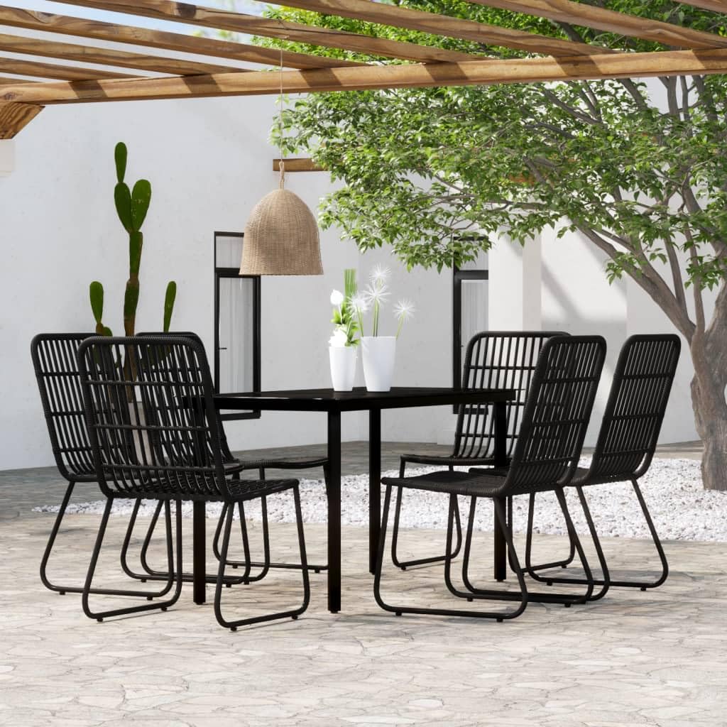 vidaXL 7-Piece Patio Dining Set - Powder-Coated Steel and Rattan Furniture with Glass Top Table - Ideal for Outdoor Living Spaces, Comfortable Seats