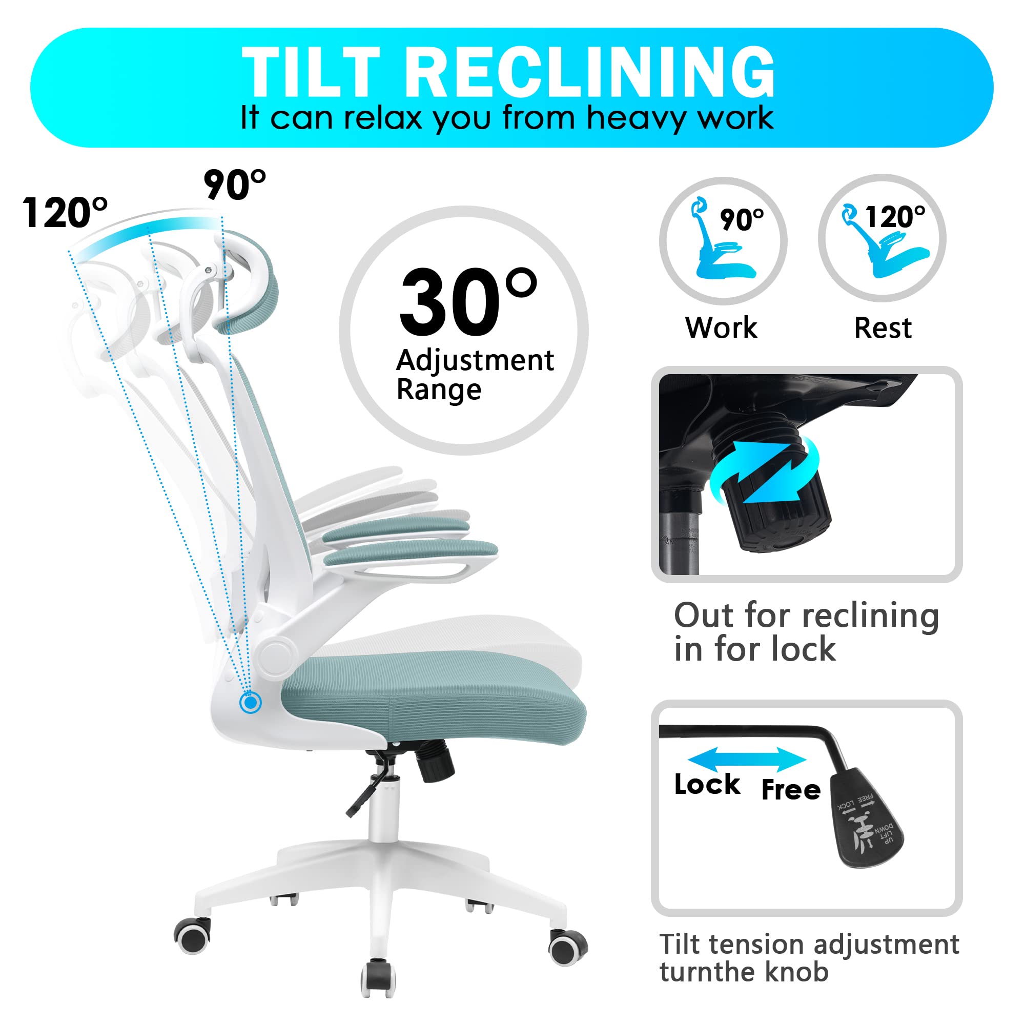 Kerdom Ergonomic Office Chair, Breathable Mesh Desk Chair, Lumbar Support Computer Chair With Headrest And Flip-Up Arms, Swivel Task Chair, Adjustable Height Gaming Chair