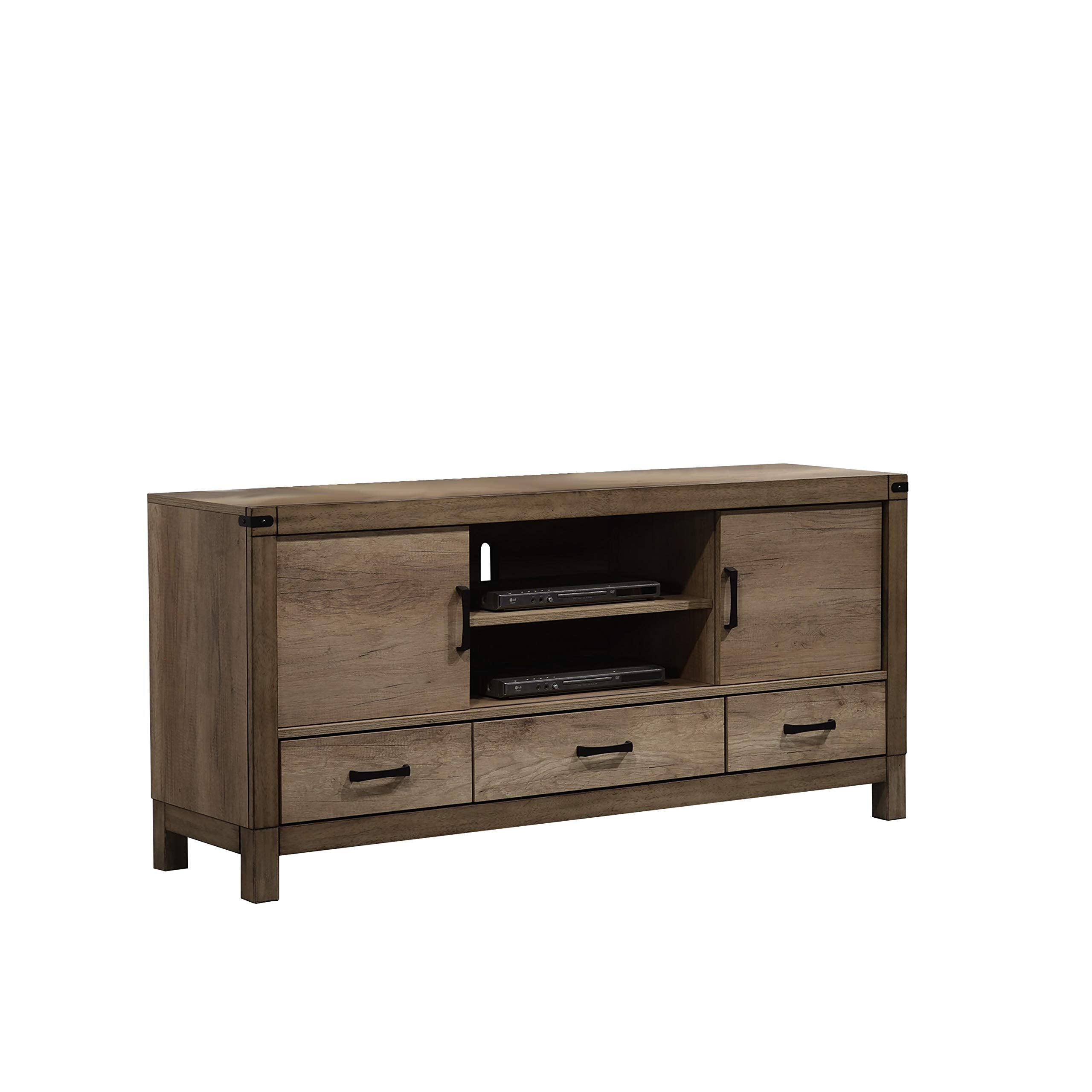 Benjara 3 Drawer Wooden Tv Stand With 2 Cabinets And Open Compartment, Brown