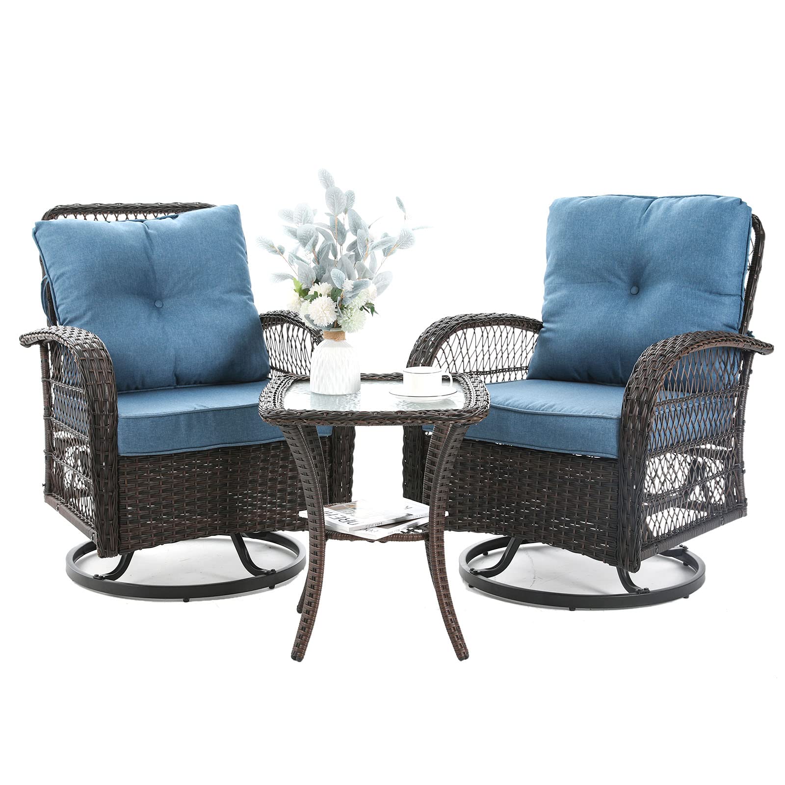 Vonzoy 3 Pieces Patio Furniture Set, Outdoor Swivel Glider Rocker, Wicker Patio Bistro Set With Rocking Chair, Thickened Cushion