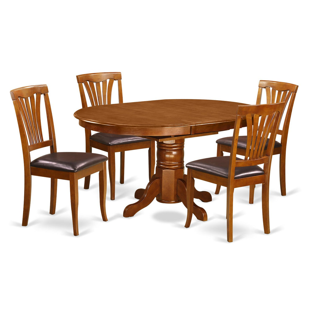 East West Furniture Avon 5 Piece Room Furniture Set Includes an Oval Kitchen Table with Butterfly Leaf and 4 Faux Leather Upholstered Dining Chairs, 42x60 Inch, Saddle Brown