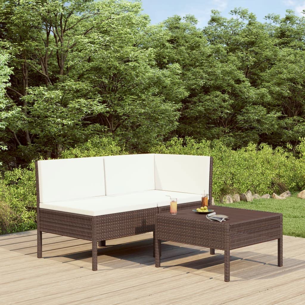 vidaXL 3-Piece Outdoor Patio Lounge Set with Cushions - Weather-Resistant PE Rattan Furniture - with Sofa and Tea Table - Sturdy Steel Frame - Brown & Cream White