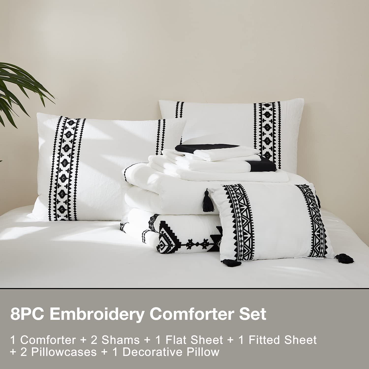 Maireve White King Bedding Set Boho 7 Piece, King Size Comforter Set 7 Pieces With Comforters, Sheets In Embroidery King Comfort
