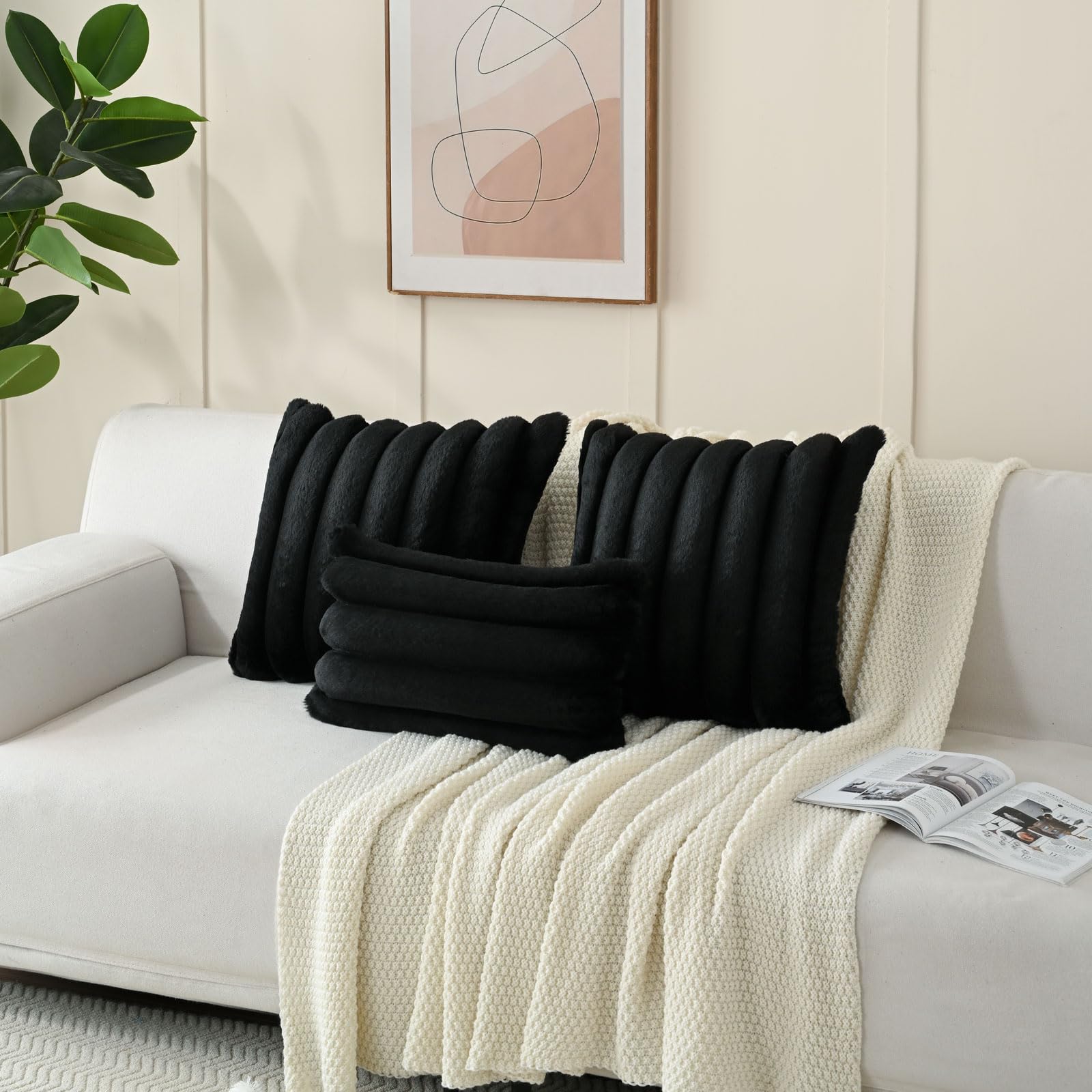 Futei Black Decorative Throw Pillow Covers 18X18 Inch Set Of 2, Square Soft Faux Rabbit Fur Big Striped Cushion Cover,Home Decor