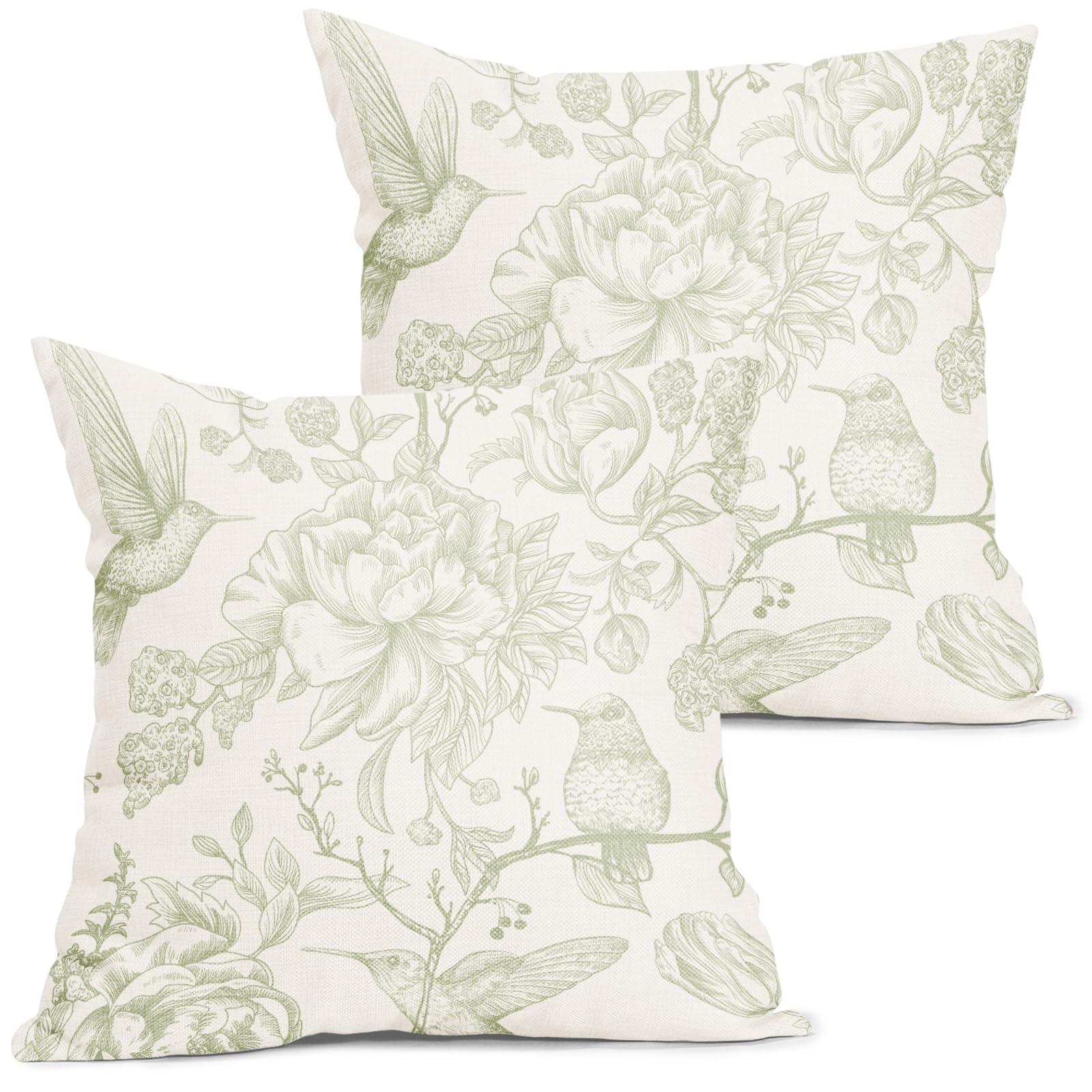 Chinoiserie Green White Floral Pillow Covers 18X18 Inch French Country Vintage Flowers Bird Decorative Pillow Cases Set Of 2 Sea