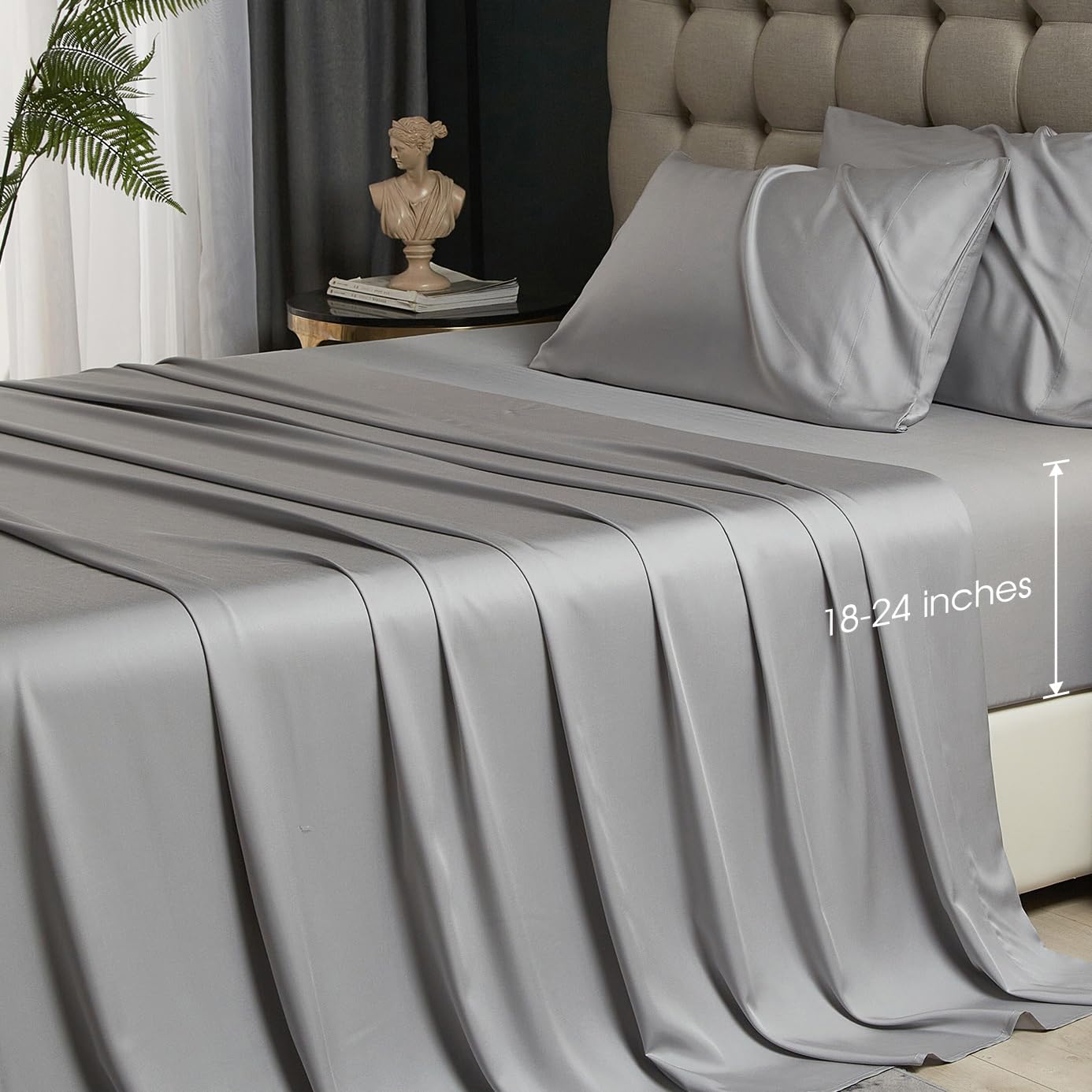 Hyprest Deep Pocket King Sheets- Rayon Derived From Bamboo, Extra Deep Pocket Sheets Fits 18'-24' Thick Mattress, Light Grey S
