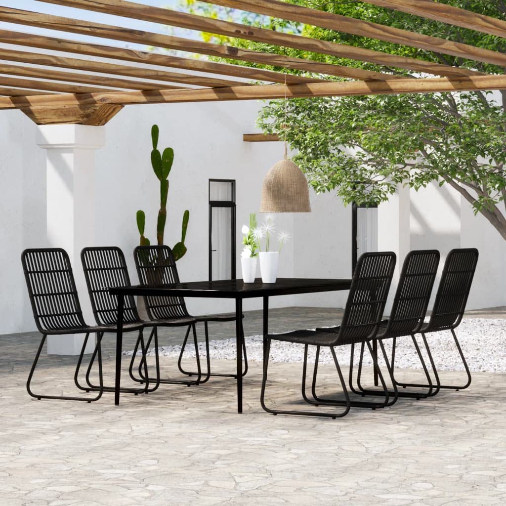 vidaXL 7-Piece Black Patio Dining Set with PE Rattan Garden Chairs and Glass Tabletop, Steel Frame, Outdoor-Friendly and Comfortable Seating
