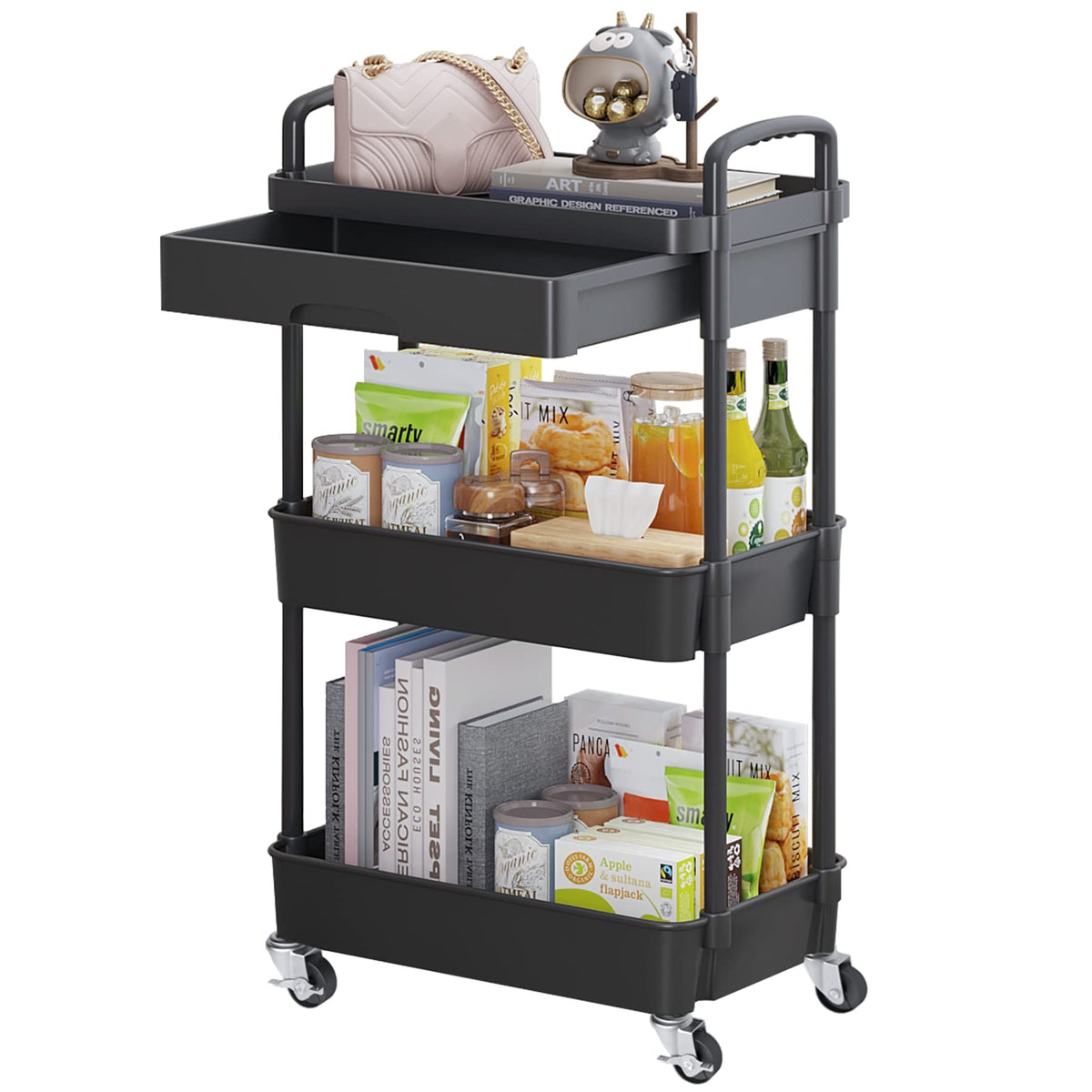 Calmootey 3-Tier Rolling Utility Cart With Drawer,Multifunctional Storage Organizer With Plastic Shelf & Metal Wheels,Storage Cart For Kitchen,Bathroom,Living Room,Office,Black