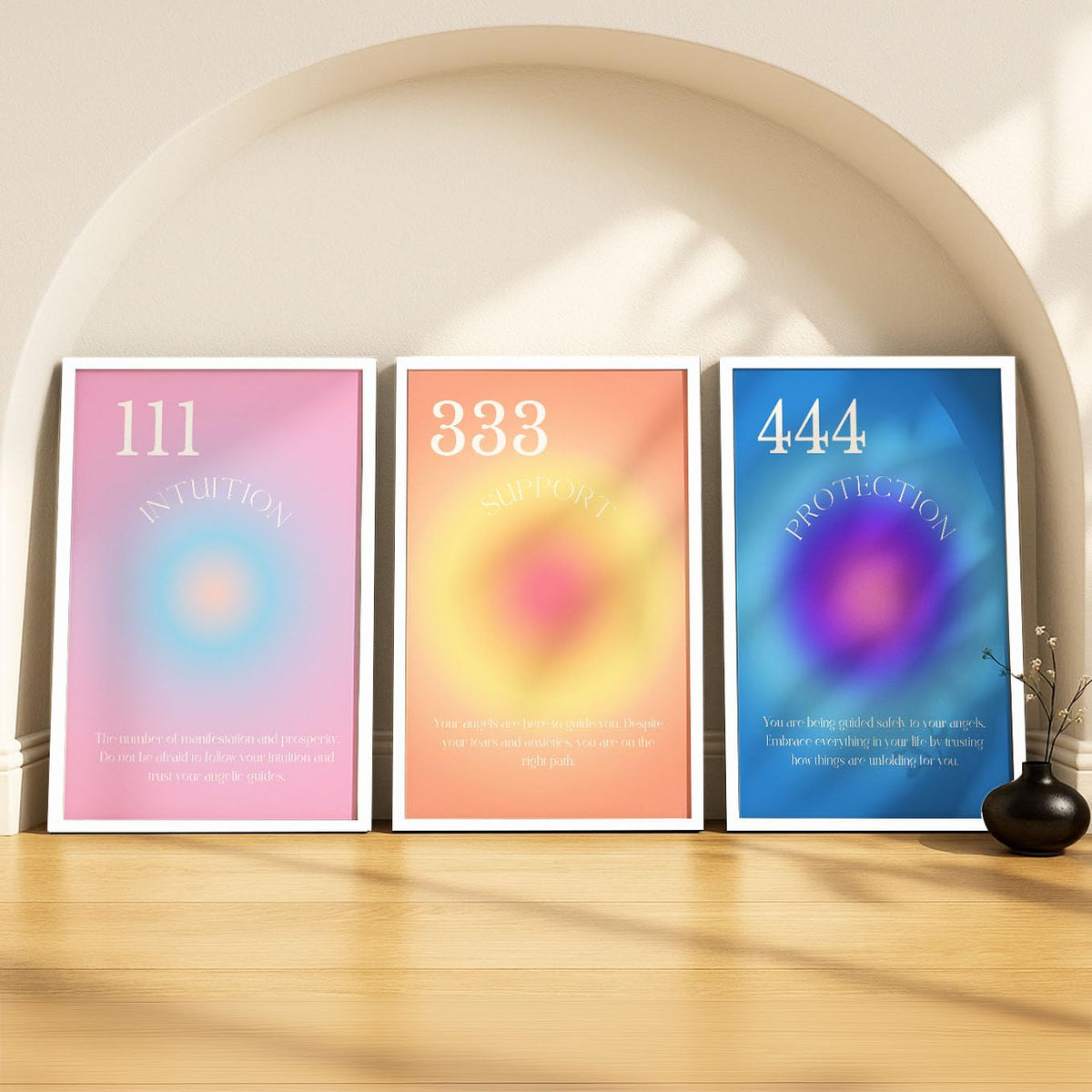 SoulAbiti Angel Numbers 111 & 333 & 444 set of 3 Framed Wall Print 12x18 inch White Frame PlexiGlass Aura Art ready to hang for
