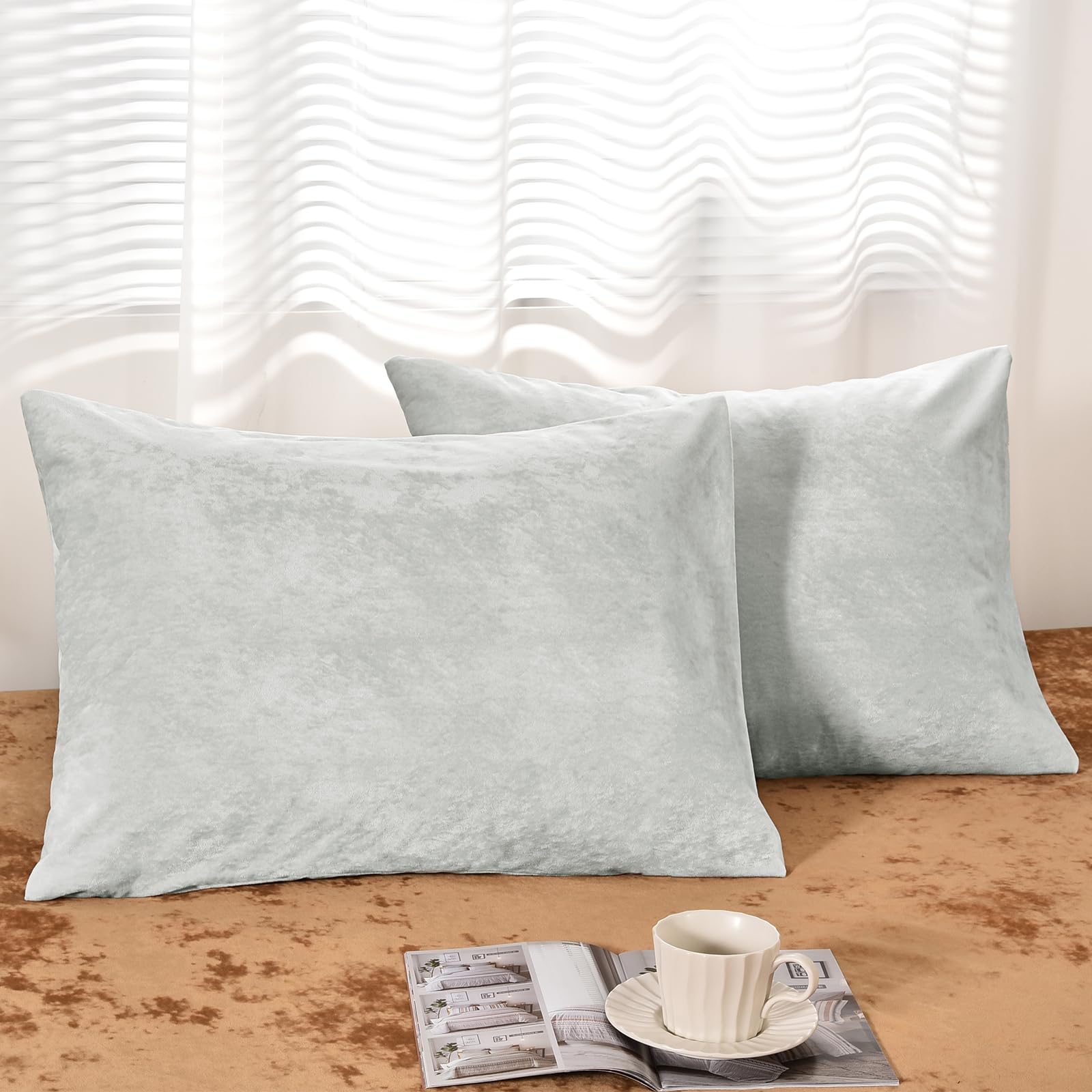 Phf Truly Velvet Pillowcases King Size, No Insert, 2 Pack Ultra Soft Breathable Pillow Shams Covers With Envelope Closure, 20' X 36' Luxury Cozy Warm Fuzzy Flannel Pillow Cases, Sliver Grey