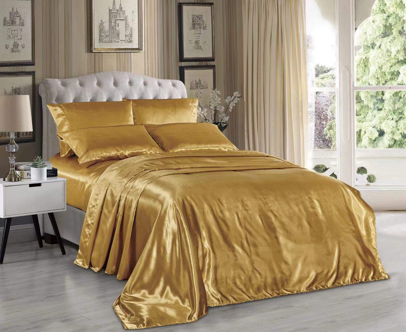 Hight Thread Count Solid Color Soft Silky Charmeuse Satin Luxury And Super Soft Bed Sheet Set (Gold, Twin)