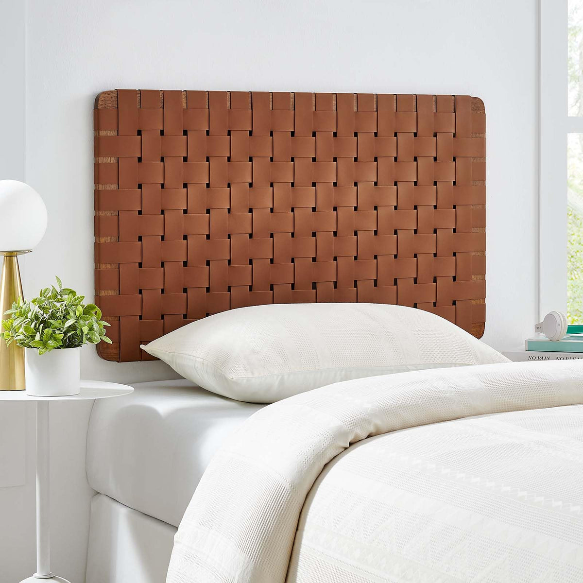 Modway Sparta Vegan Leather Weave Twin Headboard in Walnut Brown, Faux Leather Twin Headboard Only with Wall Mount Design for Children's Bedroom, College Dorm, or Guest Room