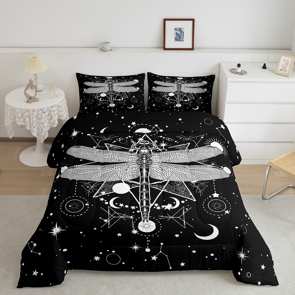 Gothic Moth Kids Comforter Set Twin Size,Galaxy Sun and Moon Constellation Bohemian Style Skull Skeleton Bedding Set for Childre