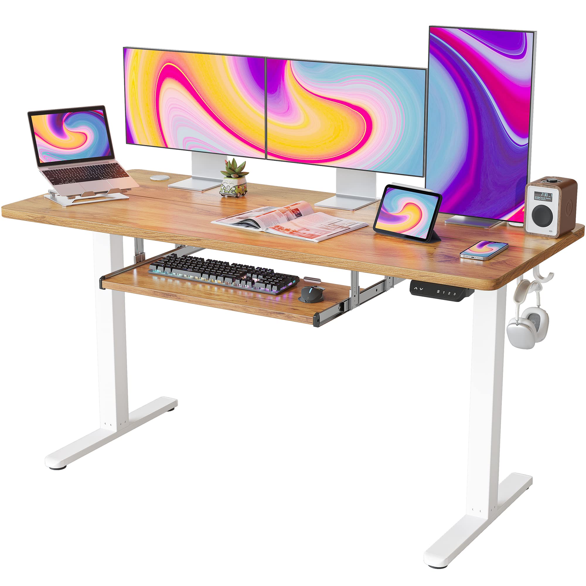 Fezibo Standing Desk With Keyboard Tray, 63 × 24 Inches Electric Height Adjustable Desk, Sit Stand Up Desk, Computer Office Desk, Light Rustic