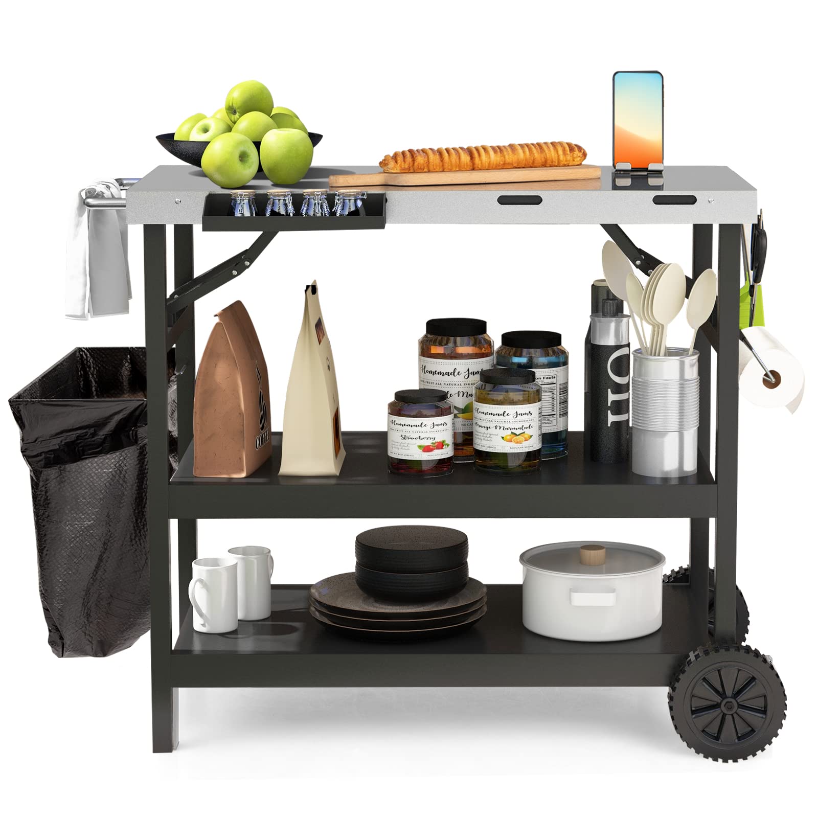 Goflame 3-Shelf Outdoor Grill Dining Cart, Movable Food Prep Cart Table With Adjustable Shelf, Stainless Steel Table Top, Kitche