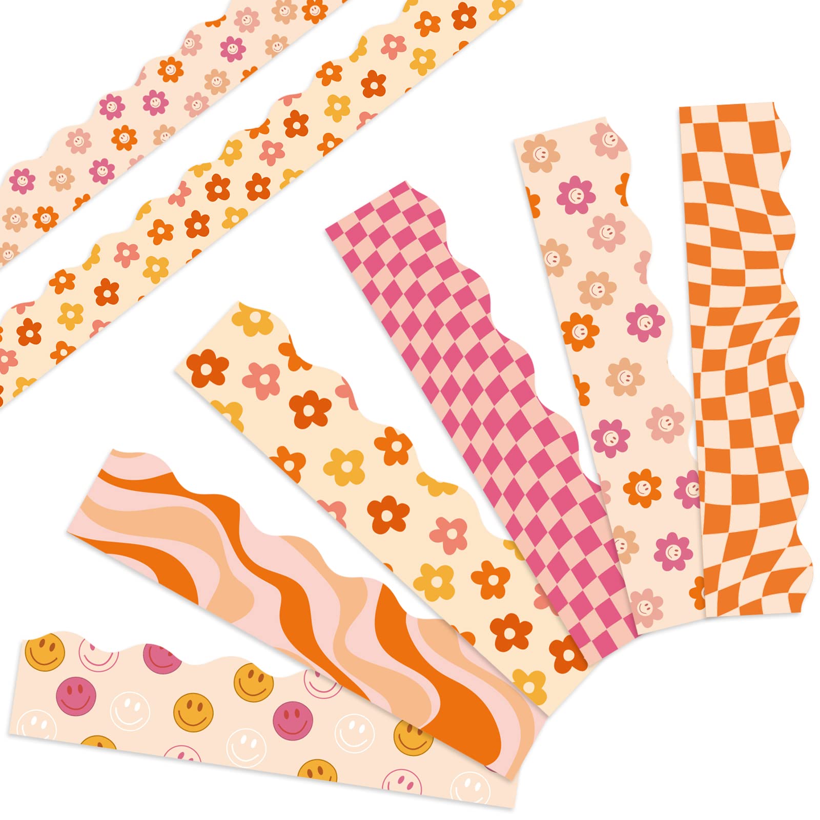 Whaline 82Ft Boho Bulletin Board Borders Retro Groovy 70S Decoration Borders Vintage Smile Daisy Plaid Trim Border Boho Bulletin