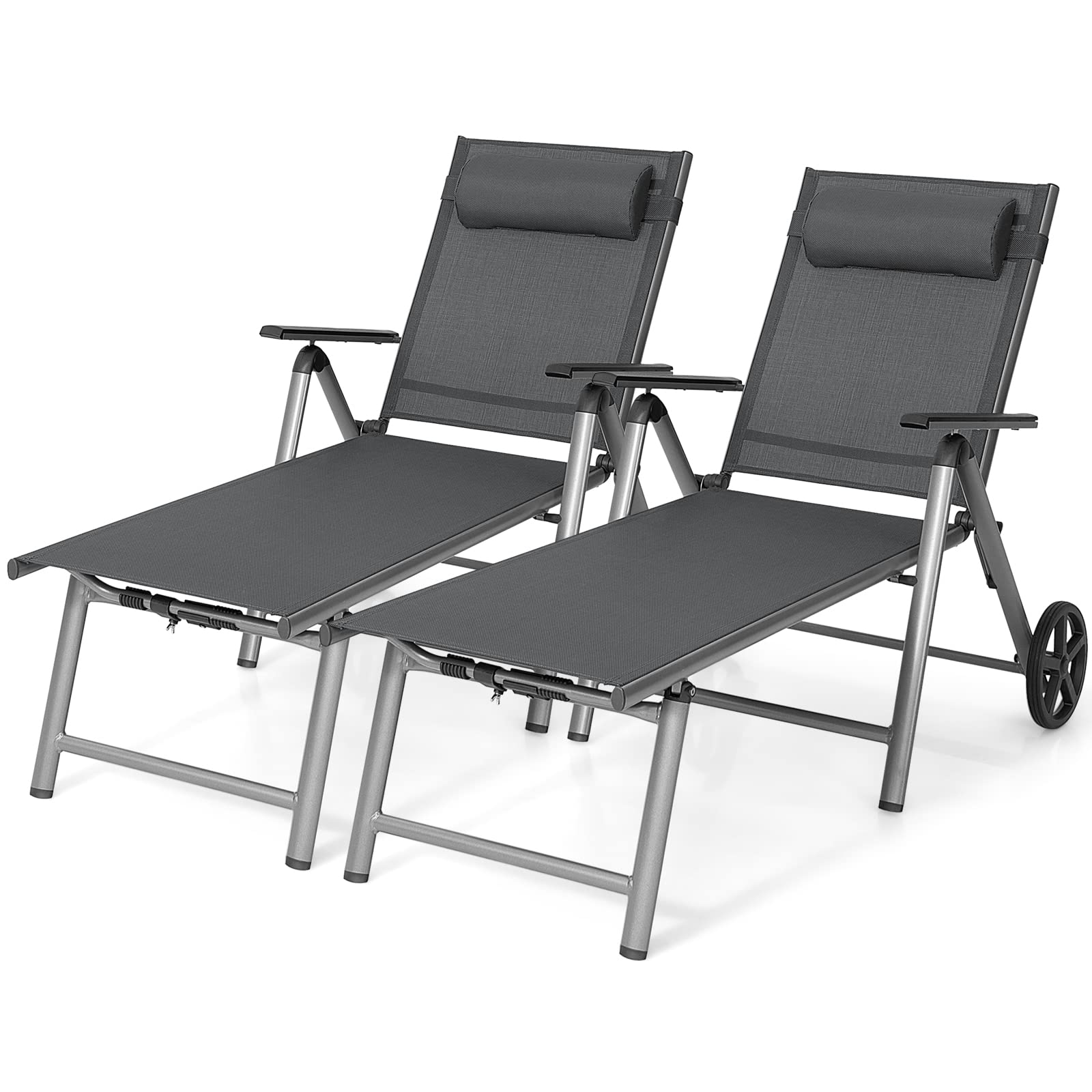 Giantex Set Of 2 Chaise Lounge Outdoor Chair- Patio Folding Lounge Chair With Wheels, 7 Adjustable Level, Heavy-Duty Aluminum Frame, Headrest Pillow, Recliner For Sunbathing, Backyard, Poolside