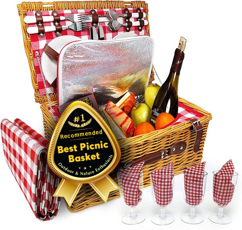 Luxury Picnic Basket For 4: Insulated Wicker Hamper With Plaid Blanket, Wine & Cheese Essentials, Waterproof Compartment, Classi