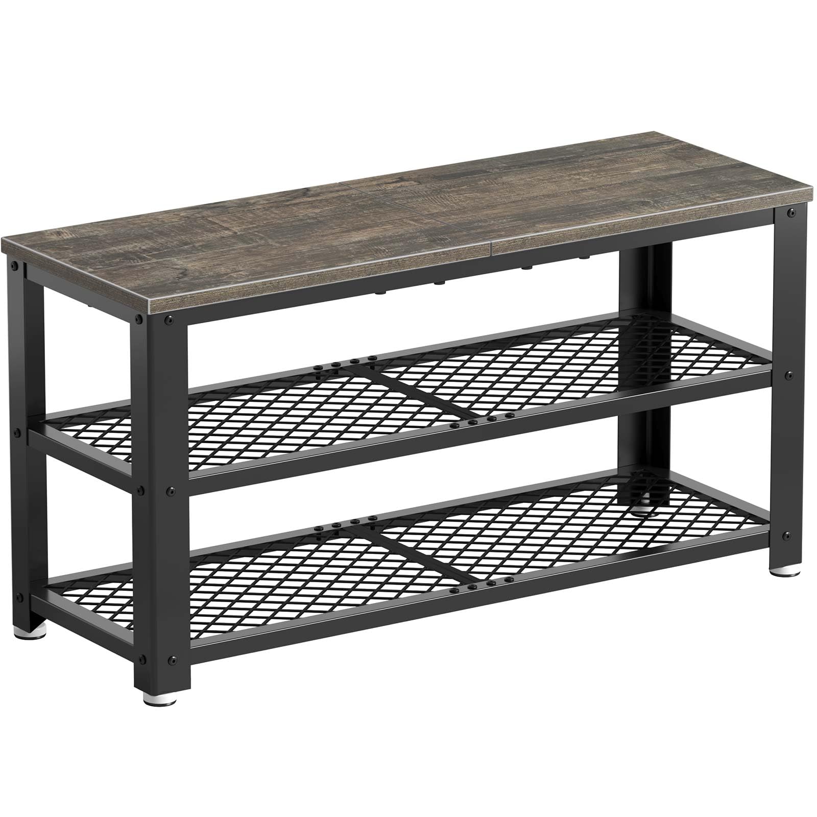 Rolanstar Shoe Bench, 3-Tier Shoe Rack, 28.7” Storage Entry Bench With Mesh Shelves Wood Seat, Rustic Foyer Bench For Hallway Front Door, Doorway, Living Room, Mudroom, Steel Frame, Gray