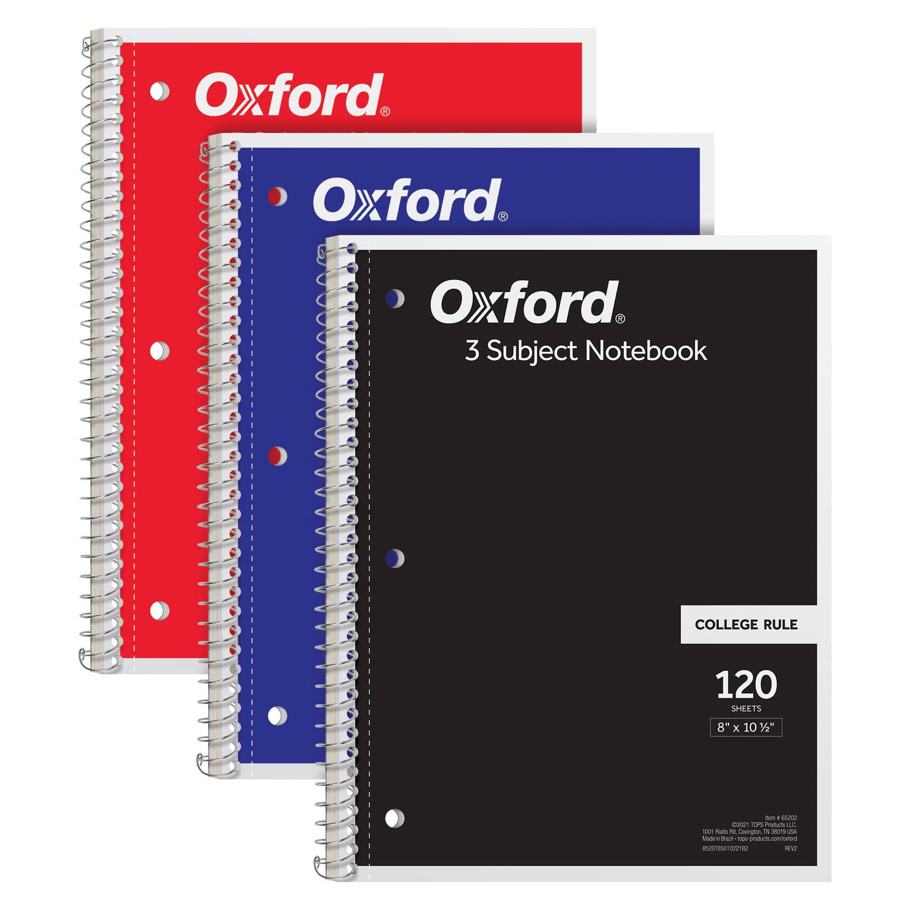 Oxford Spiral Notebook 3 Pack, 3 Subject Journal, 3-Hole Punch, College Ruled Paper, 2 Dividers, 8 X 10-1/2 Inches, Black, Red,