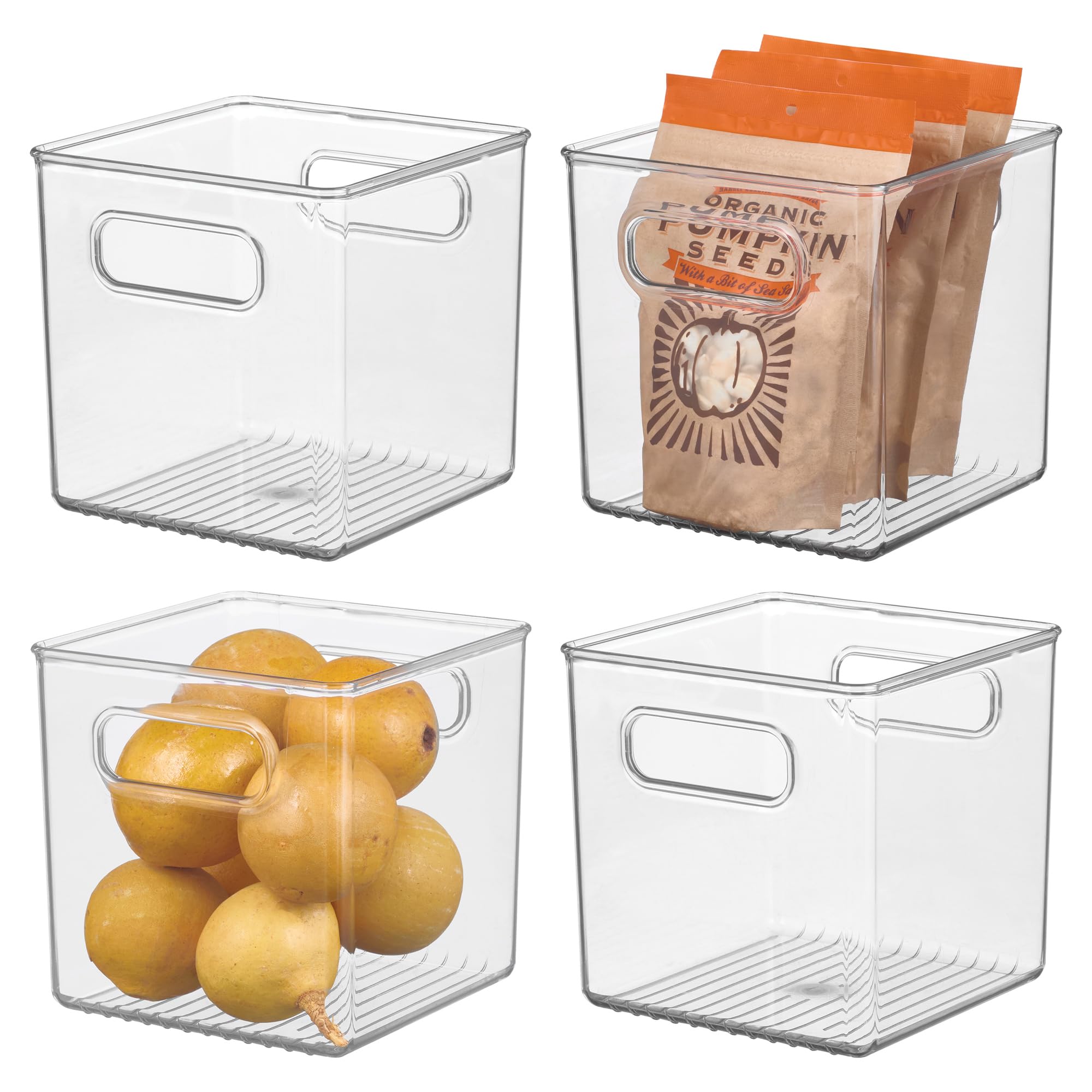 iDesign Pantry Storage Bins with Handles - Cube Organizer Bins for Cabinets or Fridge - Set of 4 - Clear