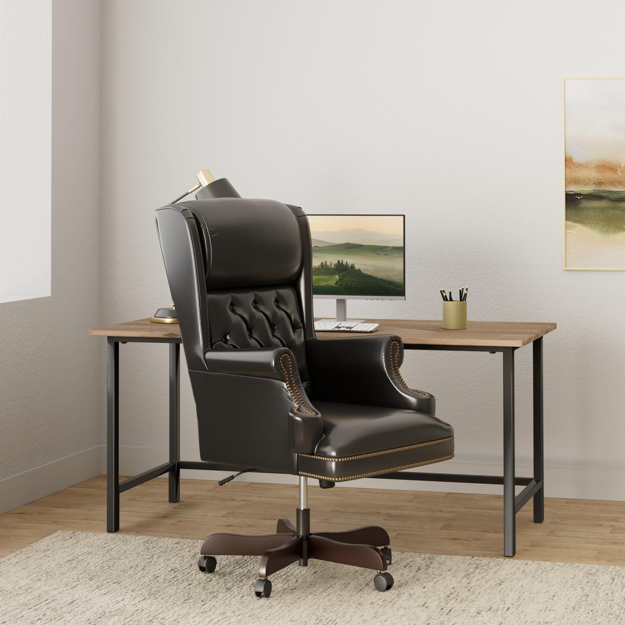 Flash Furniture High Back Traditional Tufted Black LeatherSoft Executive Ergonomic Office Chair with Oversized Headrest & Nail Trim Arms